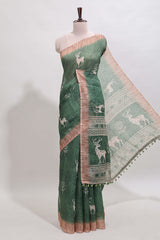 Green floral & deer design motifs linen cotton saree with contrast border and matching printed blouse