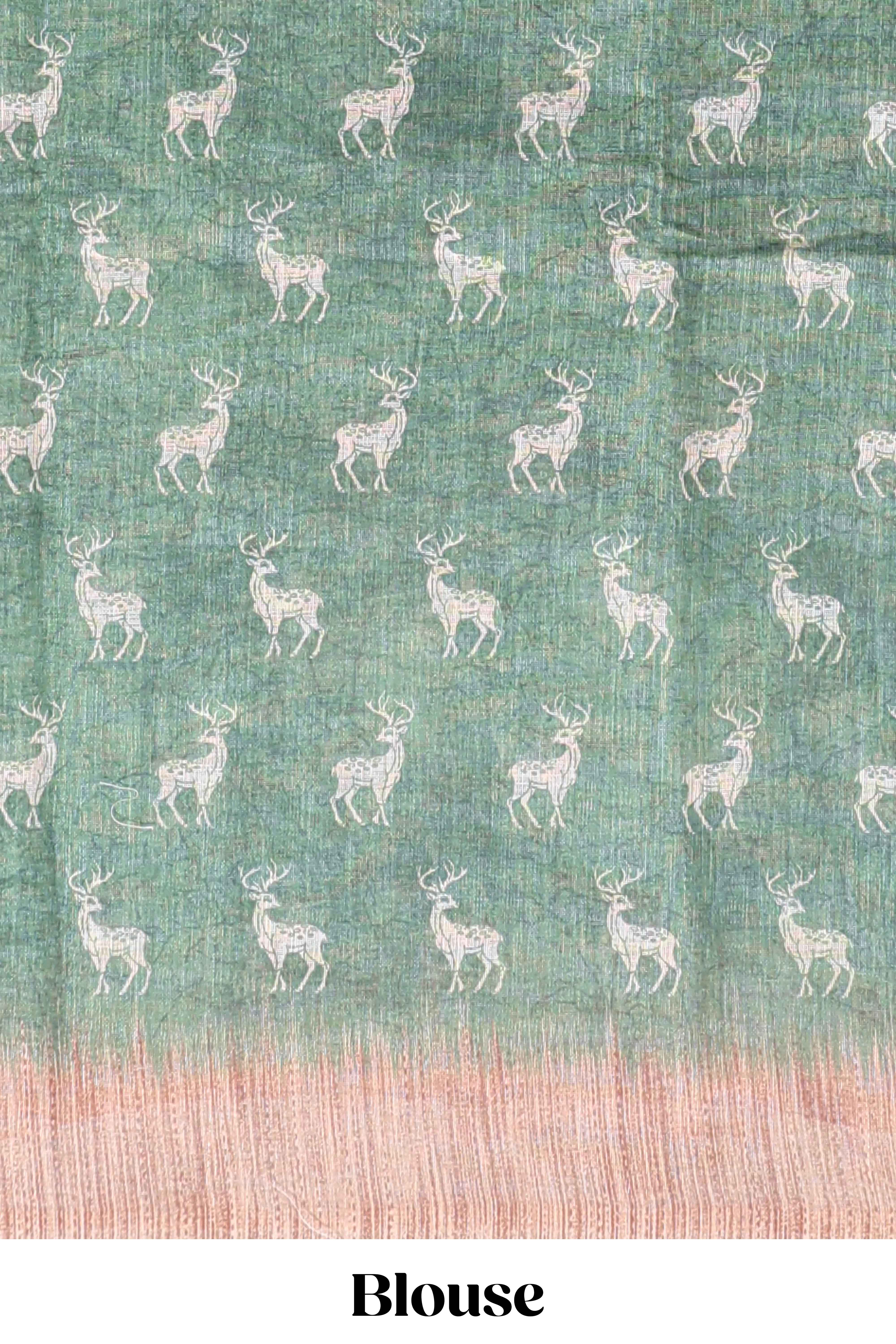Green floral & deer design motifs linen cotton saree with contrast border and matching printed blouse