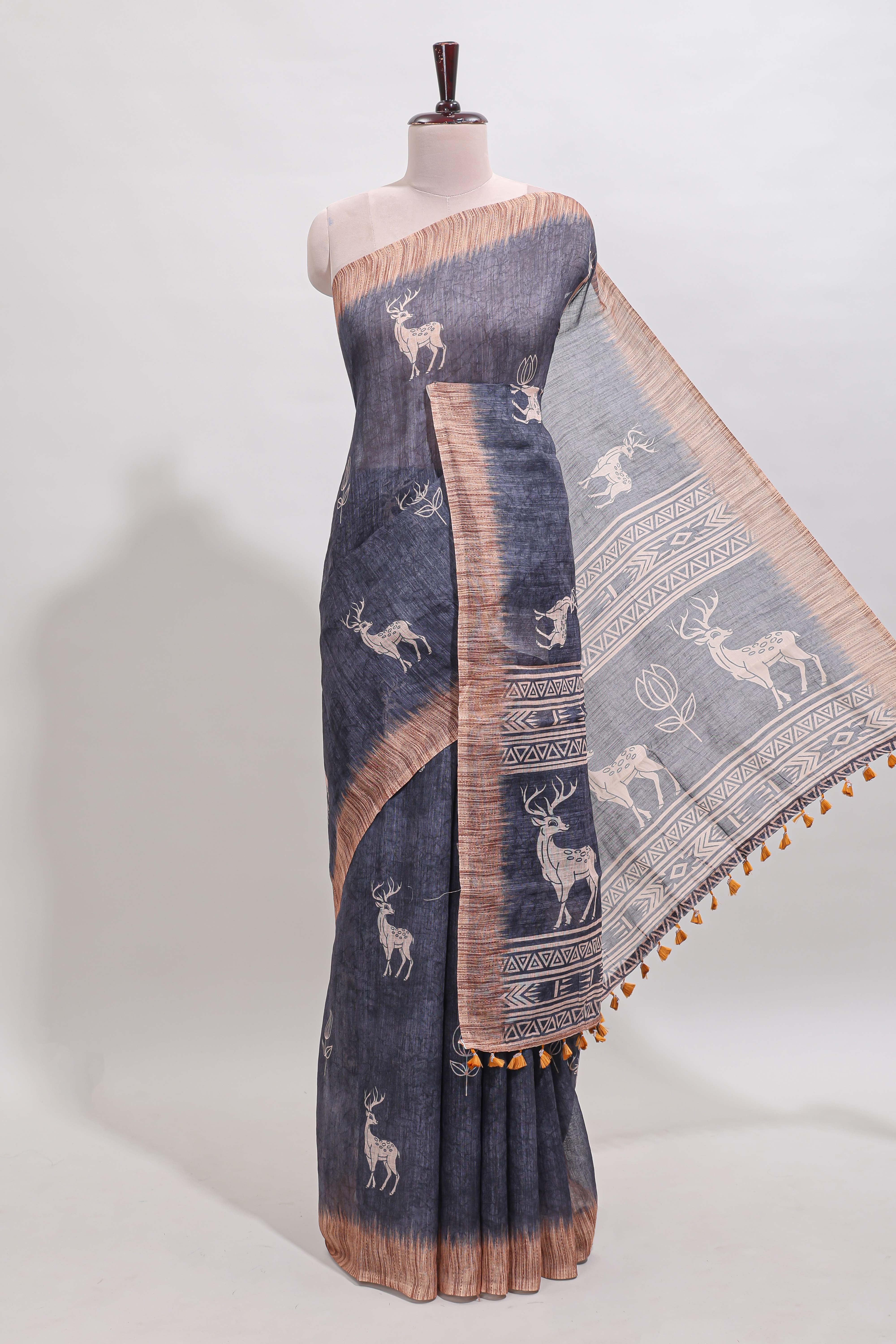 Grey floral & deer design motifs linen cotton saree with contrast border and matching printed blouse