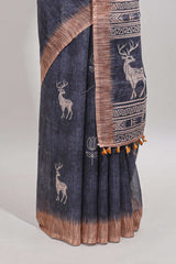 Grey floral & deer design motifs linen cotton saree with contrast border and matching printed blouse