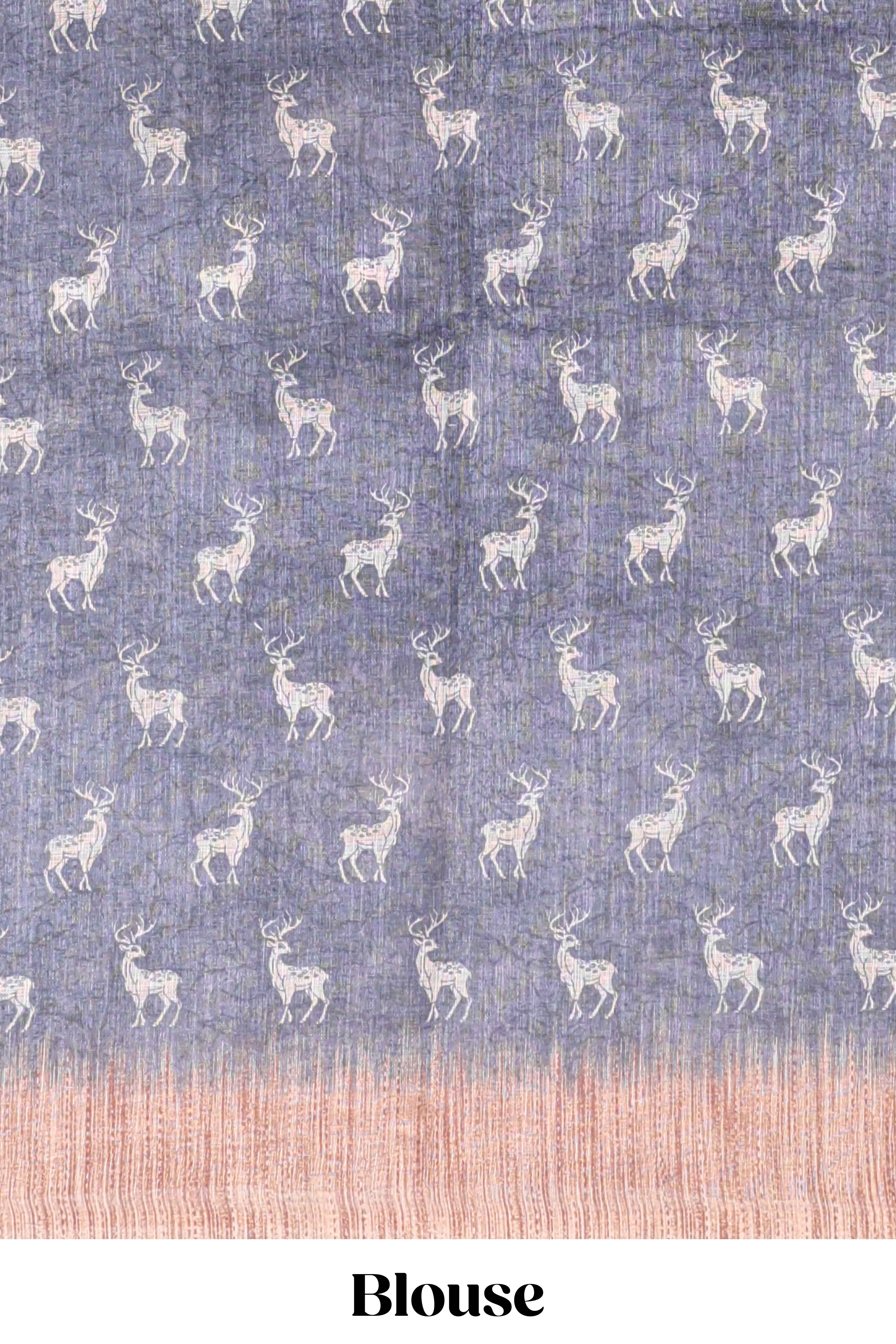 Grey floral & deer design motifs linen cotton saree with contrast border and matching printed blouse