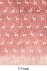 Orange floral & deer design motifs linen cotton saree with contrast border and matching printed blouse