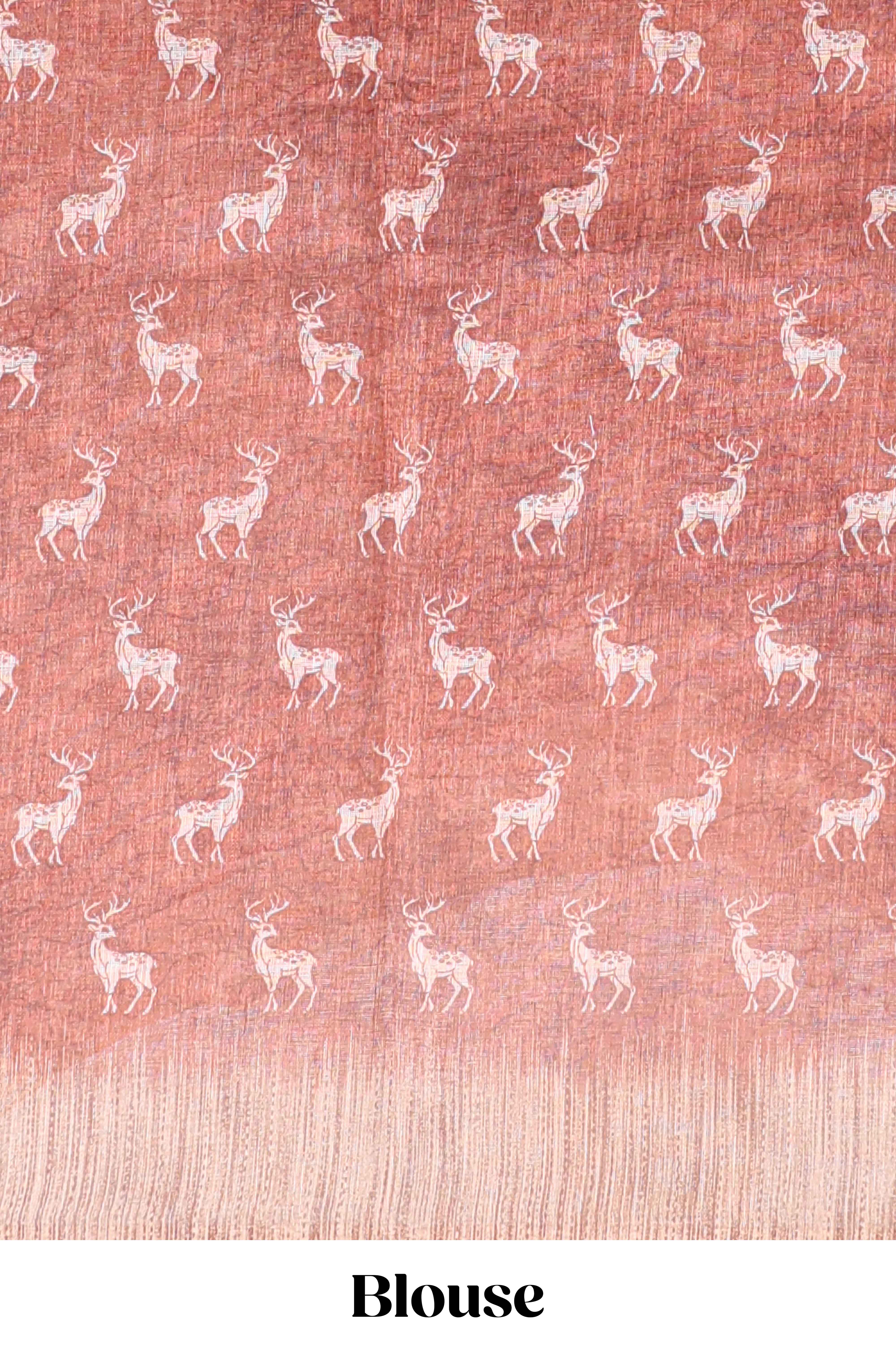 Orange floral & deer design motifs linen cotton saree with contrast border and matching printed blouse