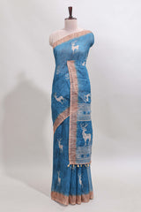 Blue floral & deer design motifs linen cotton saree with contrast border and matching printed blouse