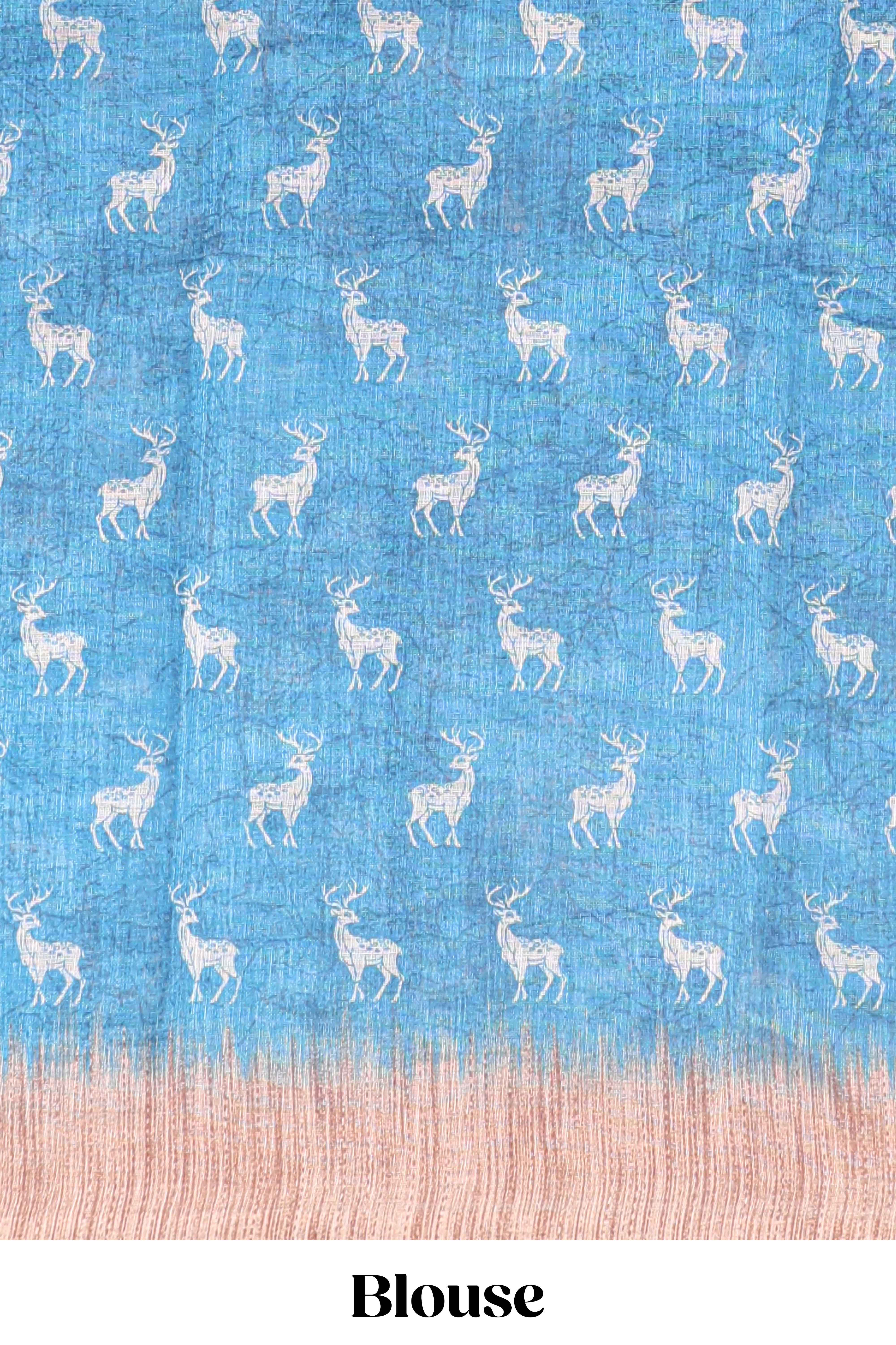 Blue floral & deer design motifs linen cotton saree with contrast border and matching printed blouse