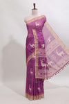 Pink floral & deer design motifs linen cotton saree with contrast border and matching printed blouse