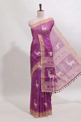 Pink floral & deer design motifs linen cotton saree with contrast border and matching printed blouse