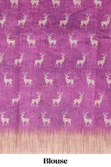 Pink floral & deer design motifs linen cotton saree with contrast border and matching printed blouse