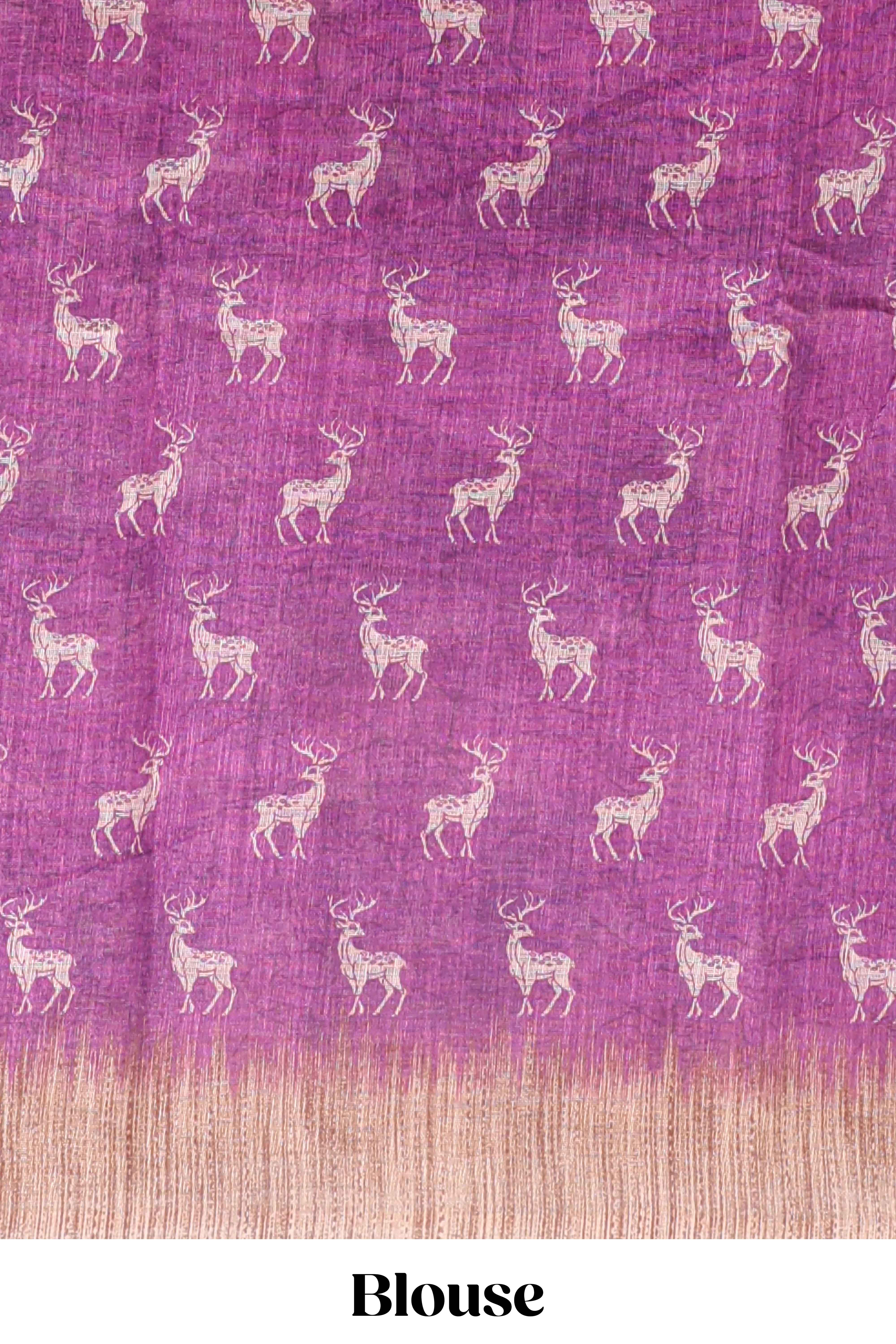 Pink floral & deer design motifs linen cotton saree with contrast border and matching printed blouse