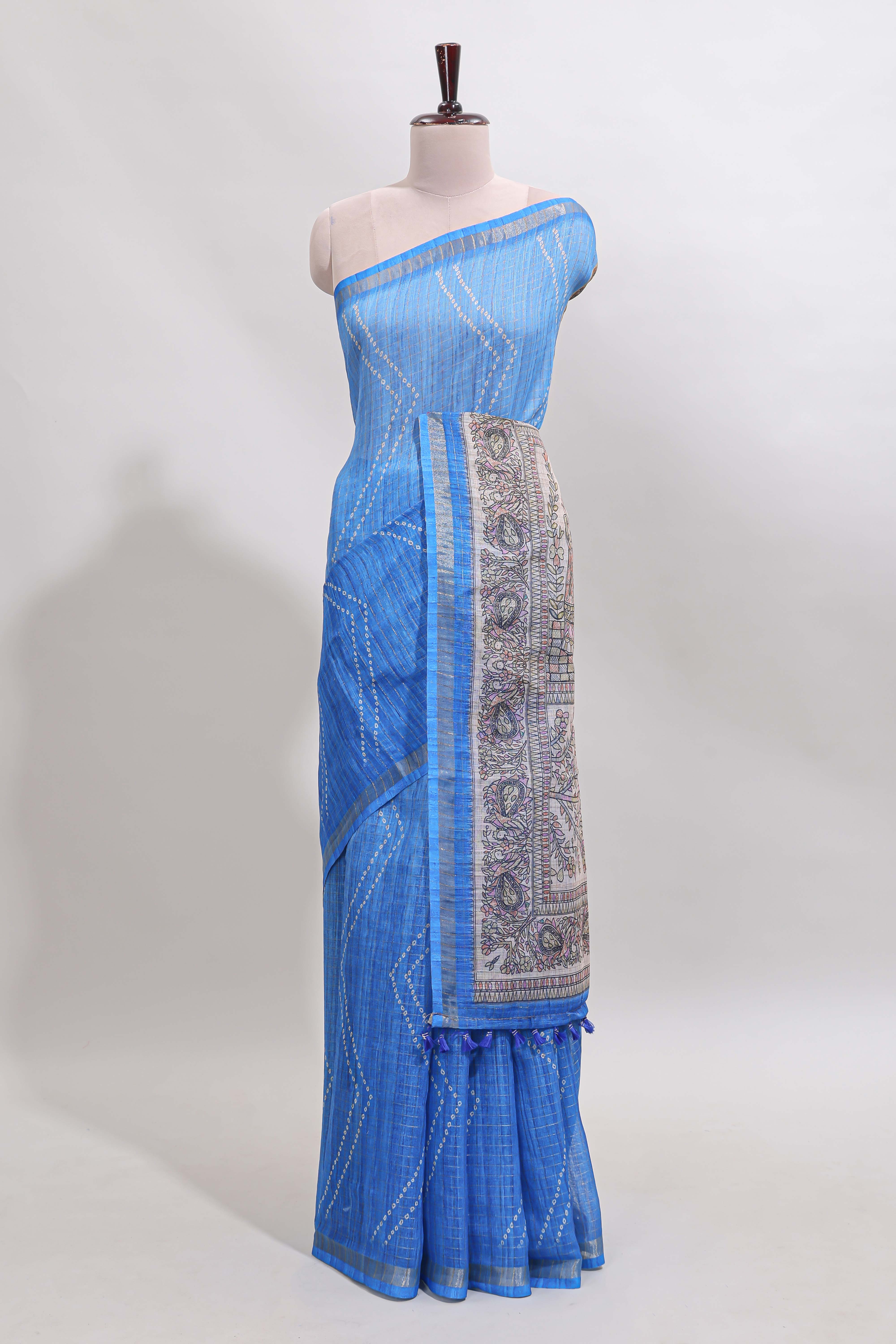 Blue checked geometric design butta linen cotton saree with self zari border and contrast blouse