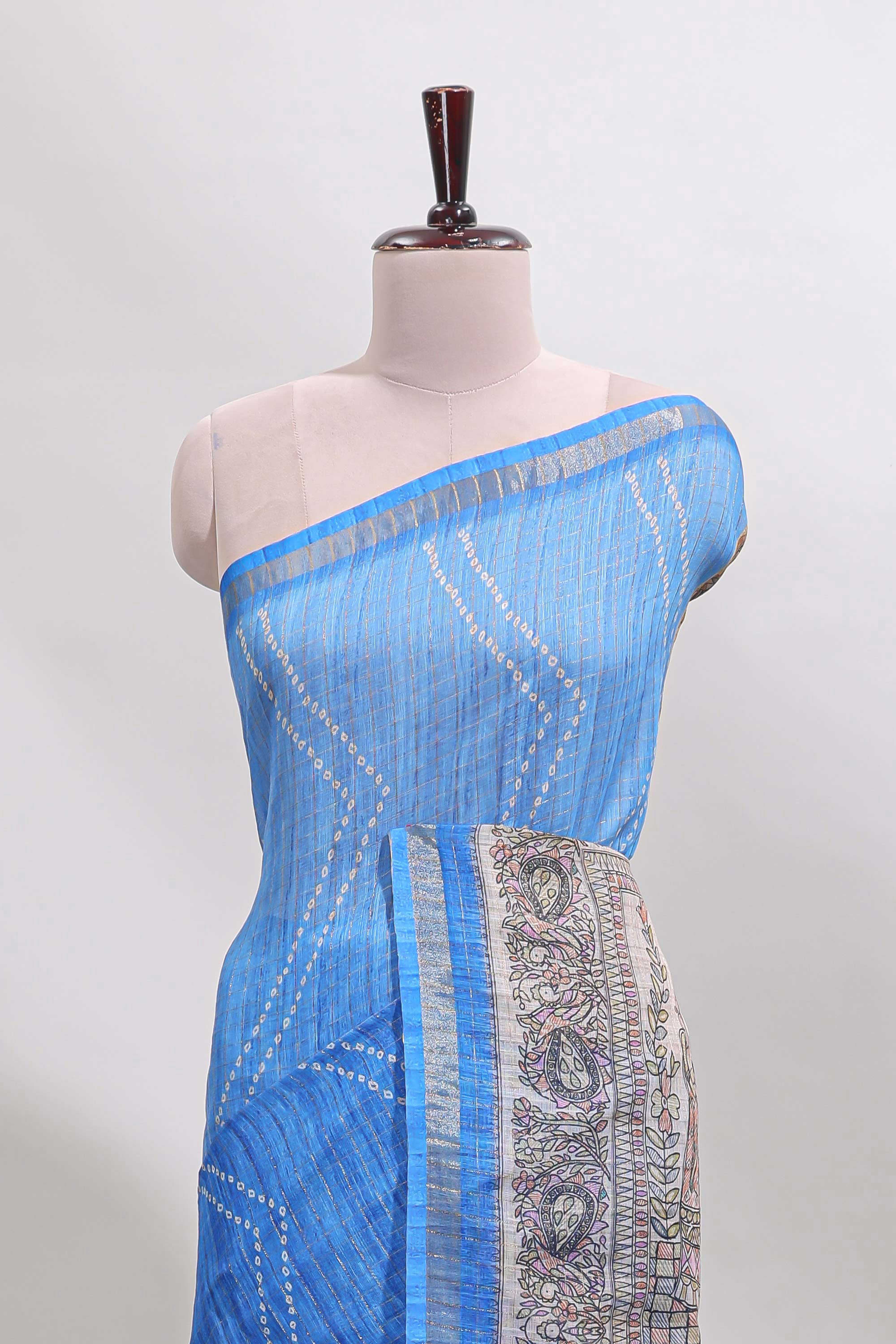 Blue checked geometric design butta linen cotton saree with self zari border and contrast blouse