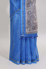 Blue checked geometric design butta linen cotton saree with self zari border and contrast blouse