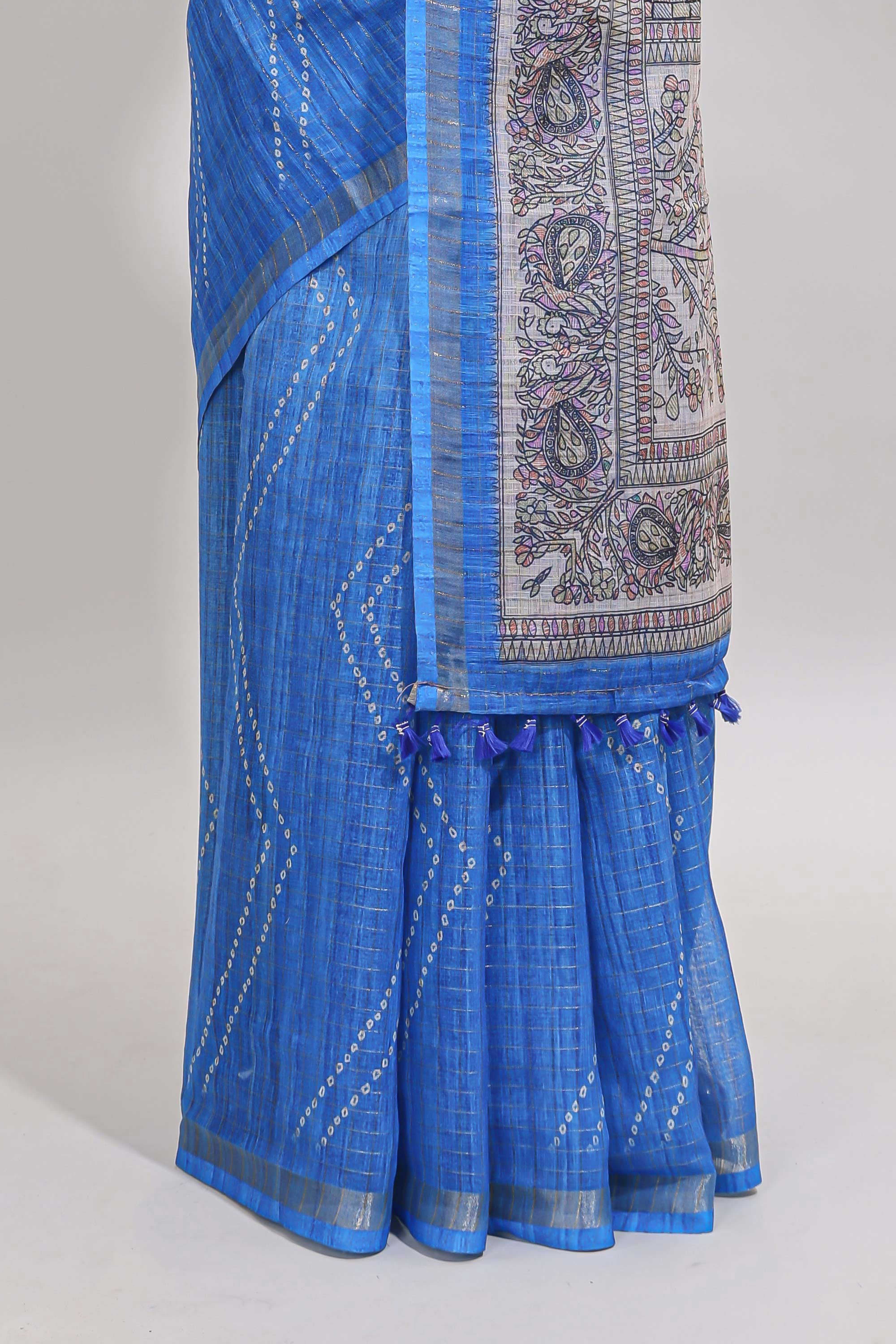 Blue checked geometric design butta linen cotton saree with self zari border and contrast blouse
