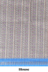 Blue checked geometric design butta linen cotton saree with self zari border and contrast blouse