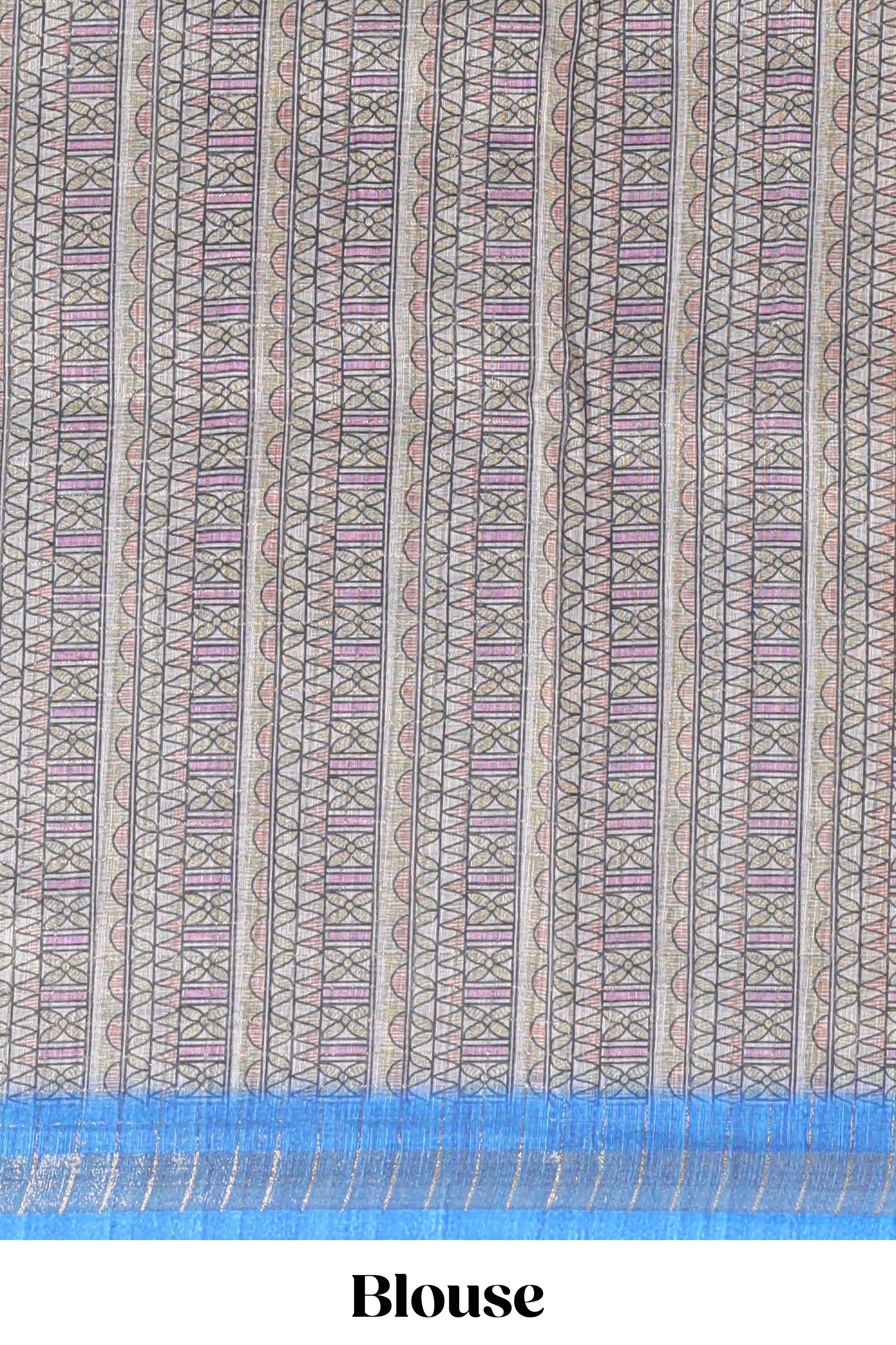 Blue checked geometric design butta linen cotton saree with self zari border and contrast blouse