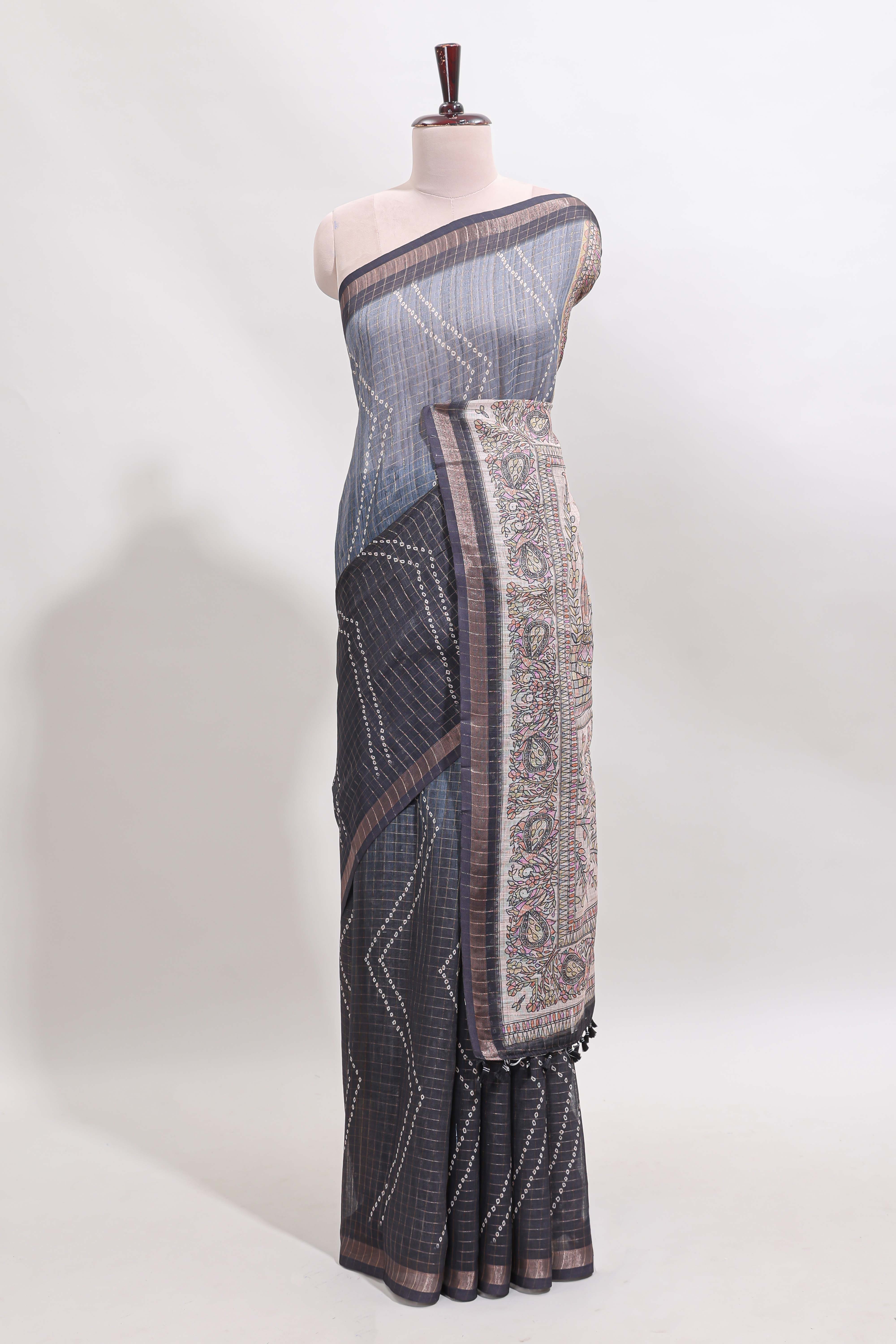 Grey checked geometric design butta linen cotton saree with self zari border and contrast blouse