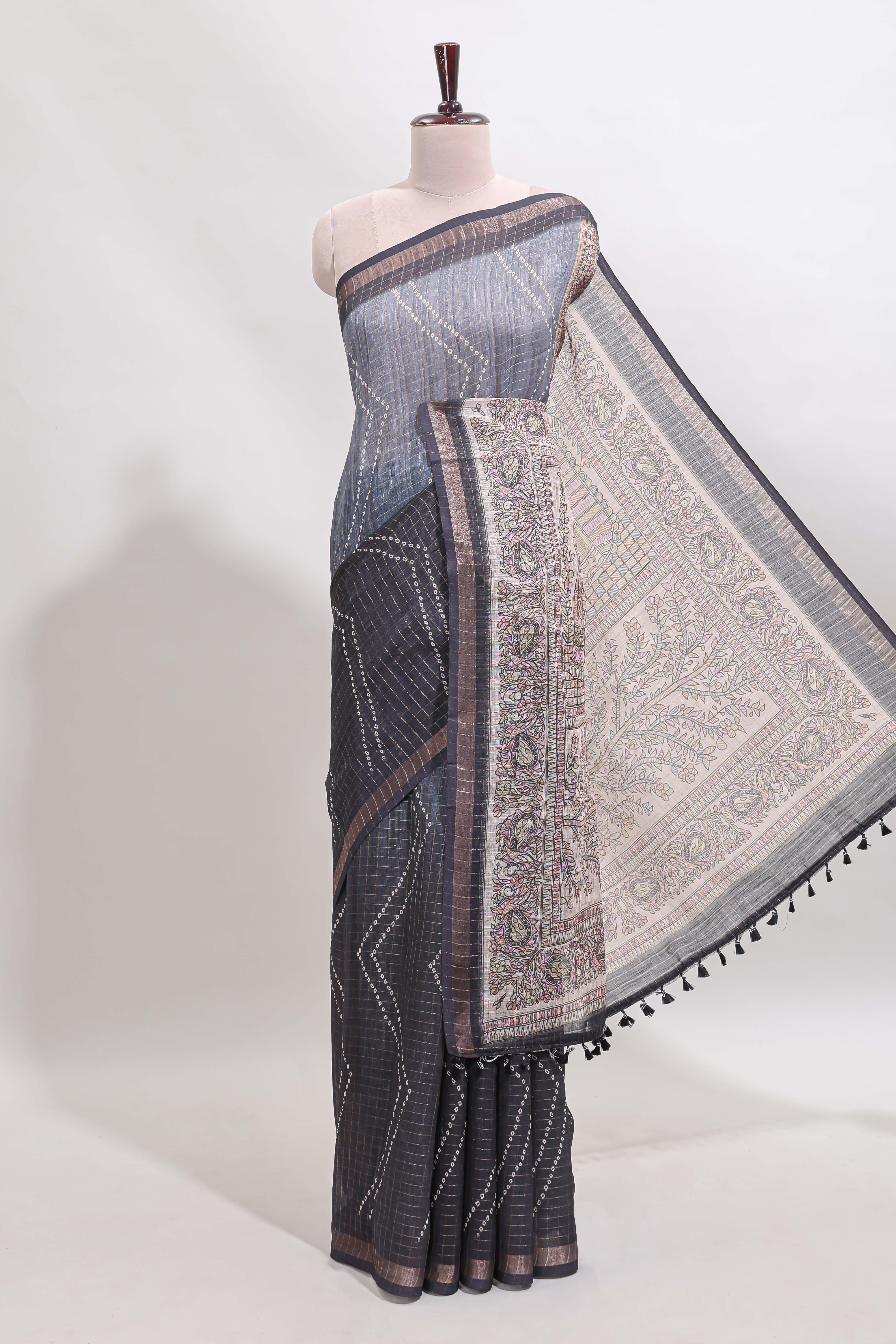 Grey checked geometric design butta linen cotton saree with self zari border and contrast blouse