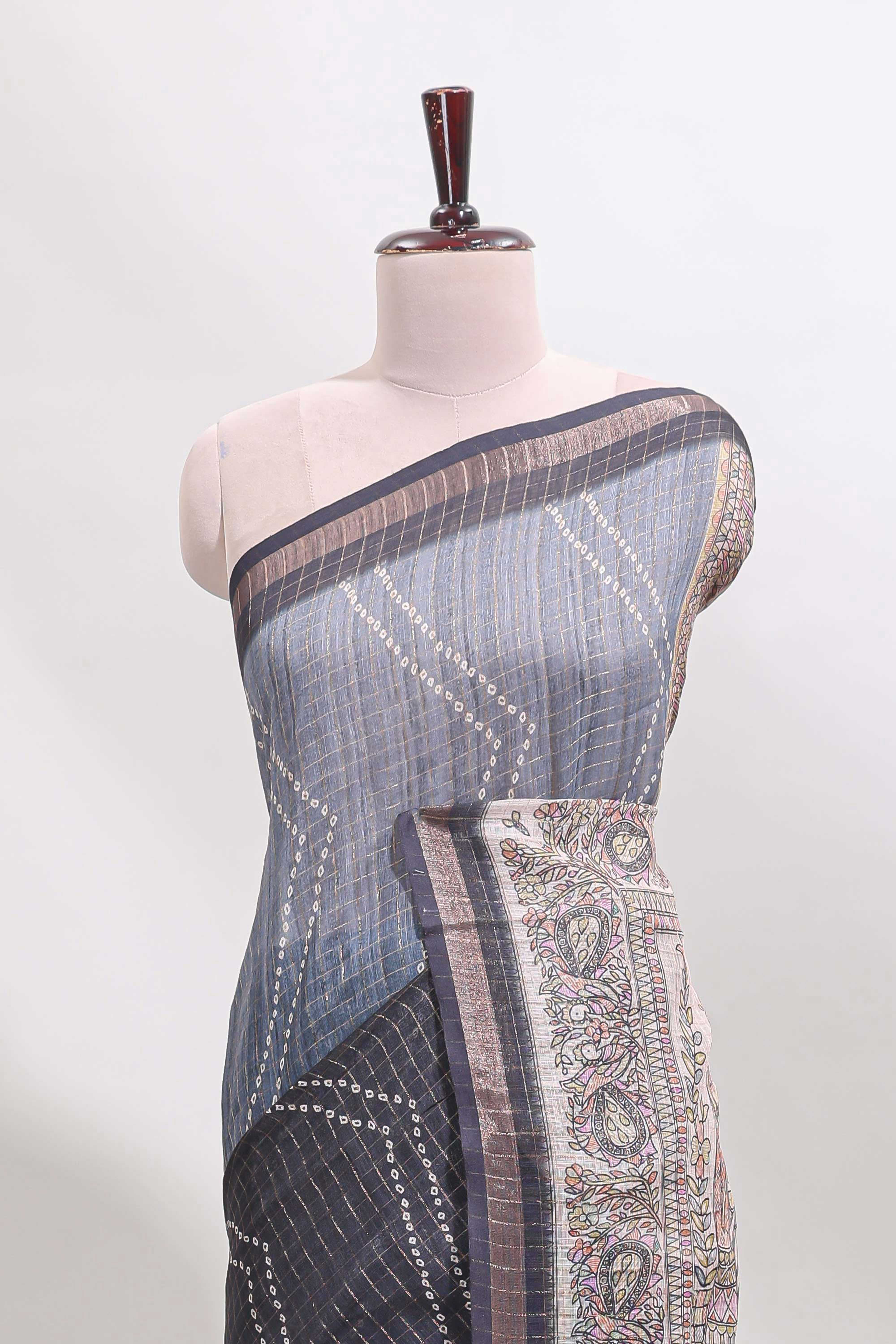 Grey checked geometric design butta linen cotton saree with self zari border and contrast blouse