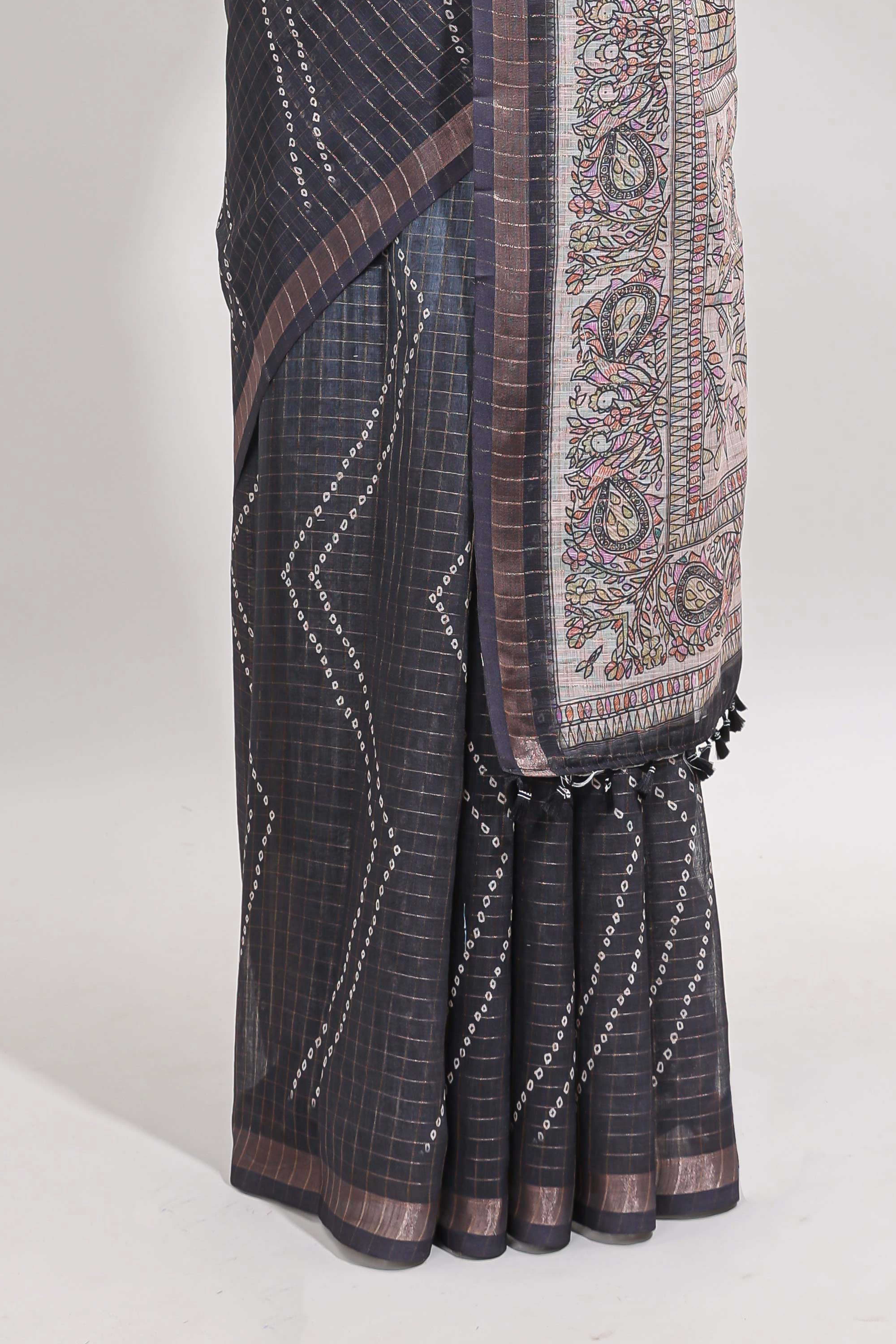 Grey checked geometric design butta linen cotton saree with self zari border and contrast blouse