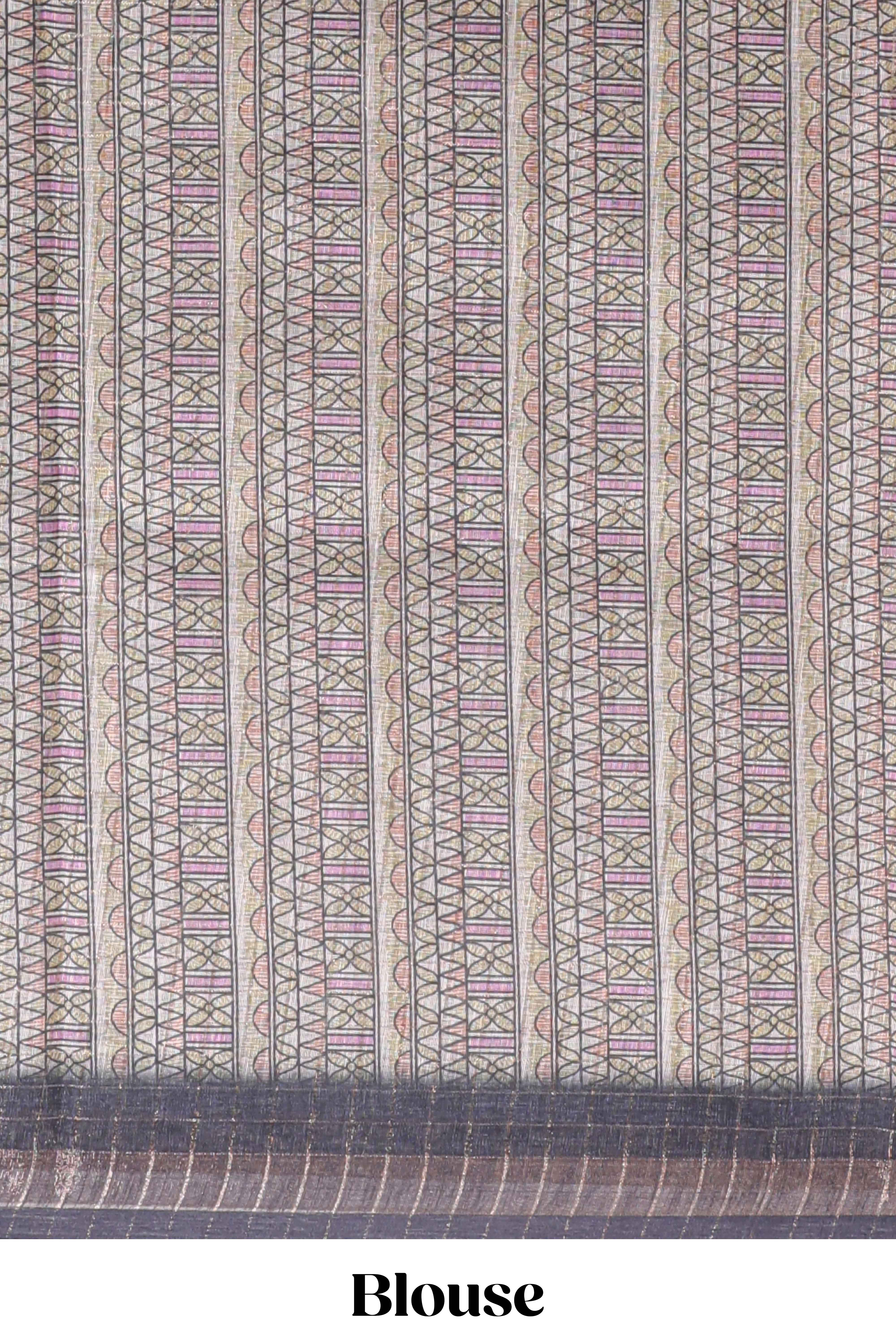 Grey checked geometric design butta linen cotton saree with self zari border and contrast blouse