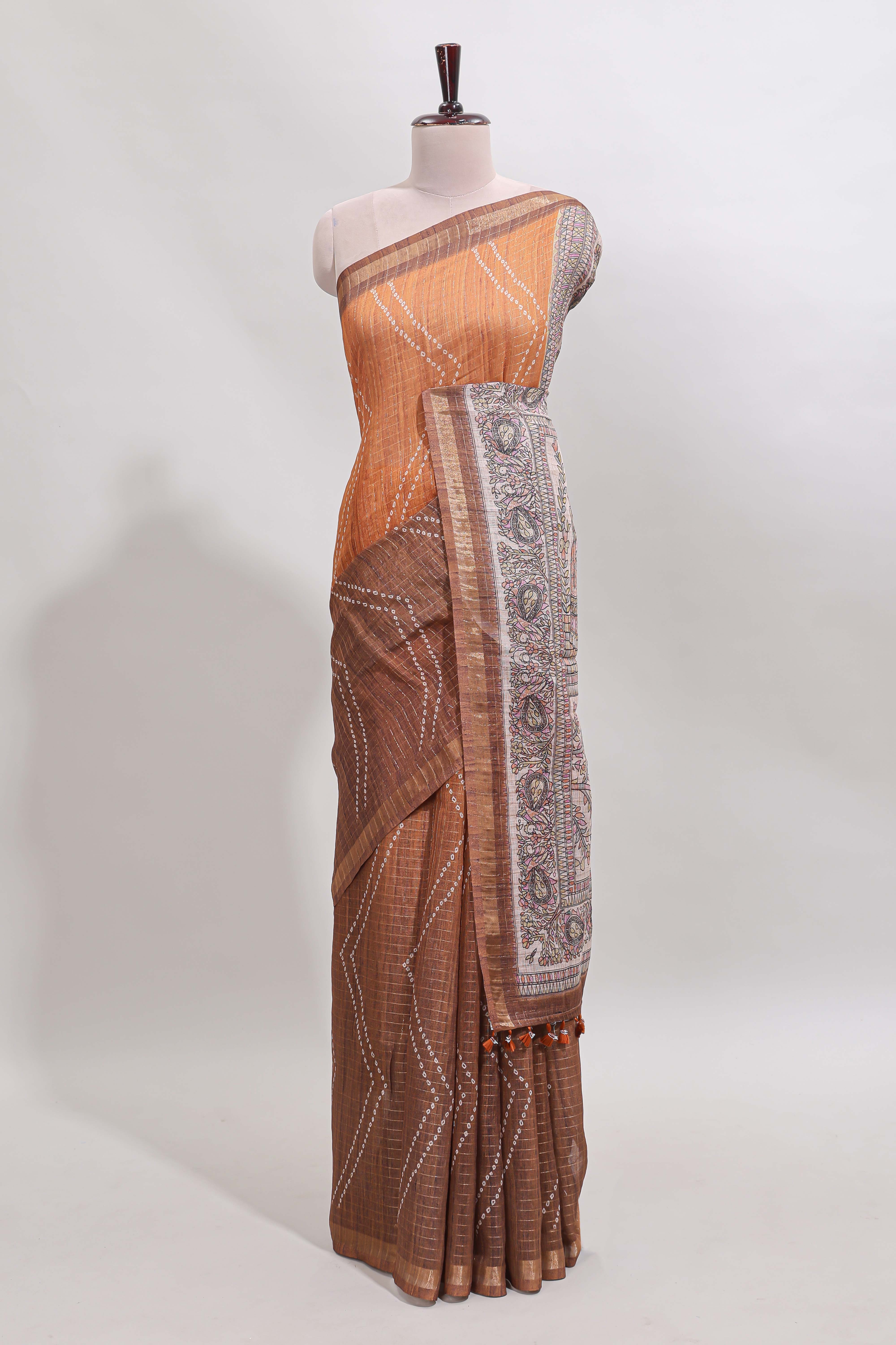 Brown checked geometric design butta linen cotton saree with self zari border and contrast blouse