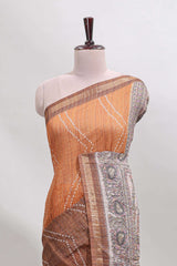 Brown checked geometric design butta linen cotton saree with self zari border and contrast blouse