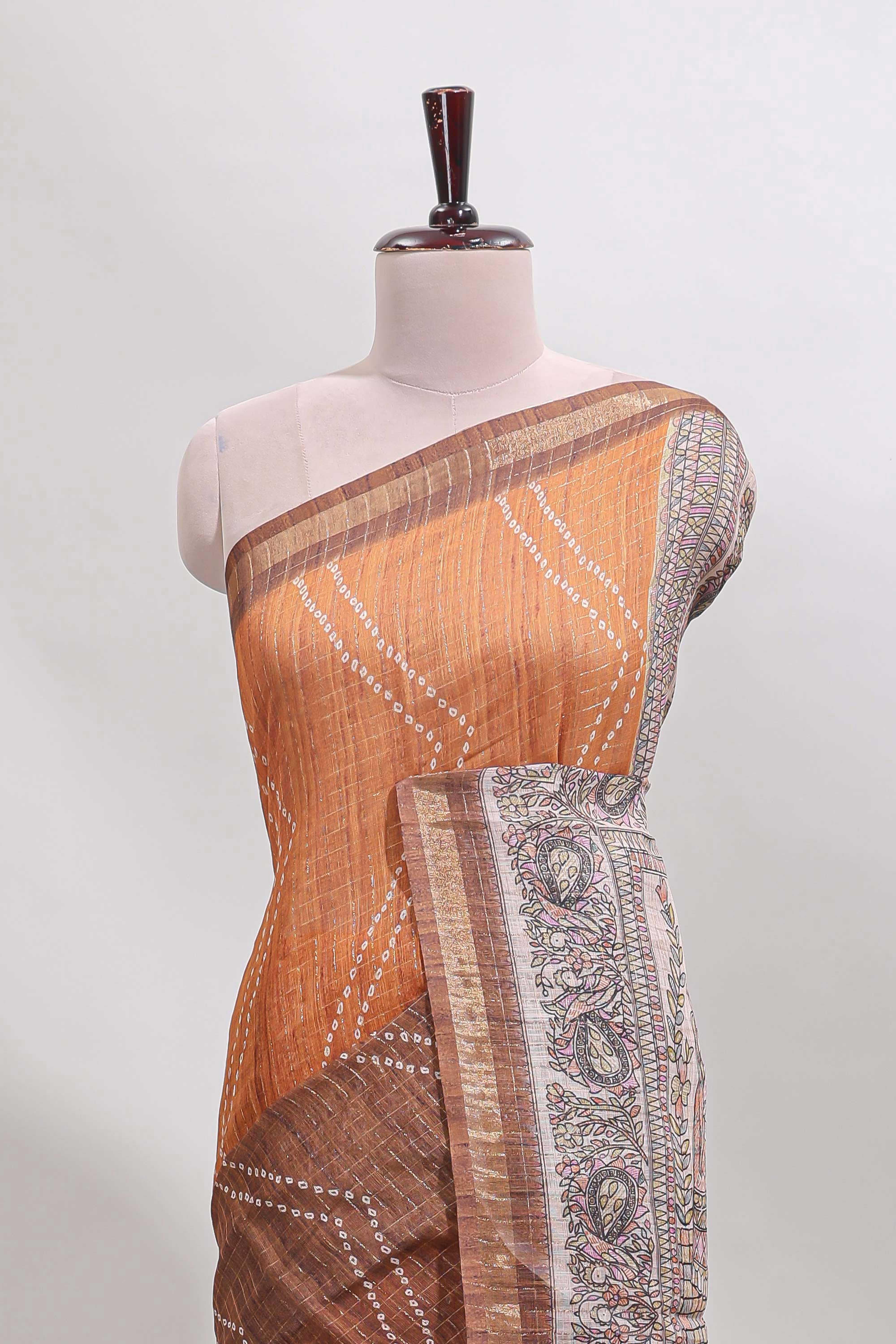 Brown checked geometric design butta linen cotton saree with self zari border and contrast blouse