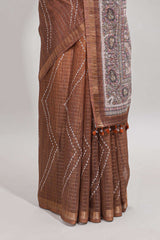 Brown checked geometric design butta linen cotton saree with self zari border and contrast blouse