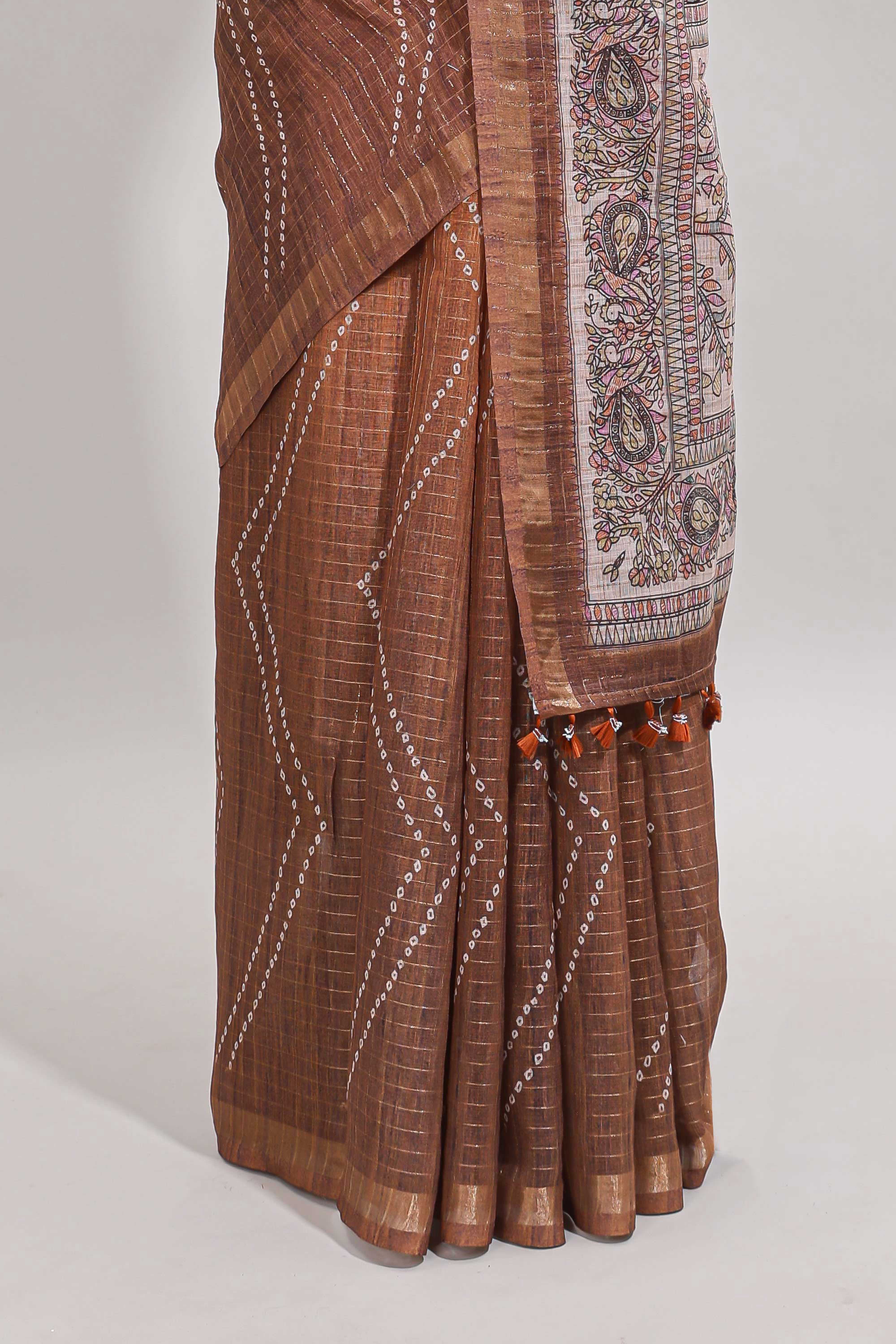Brown checked geometric design butta linen cotton saree with self zari border and contrast blouse