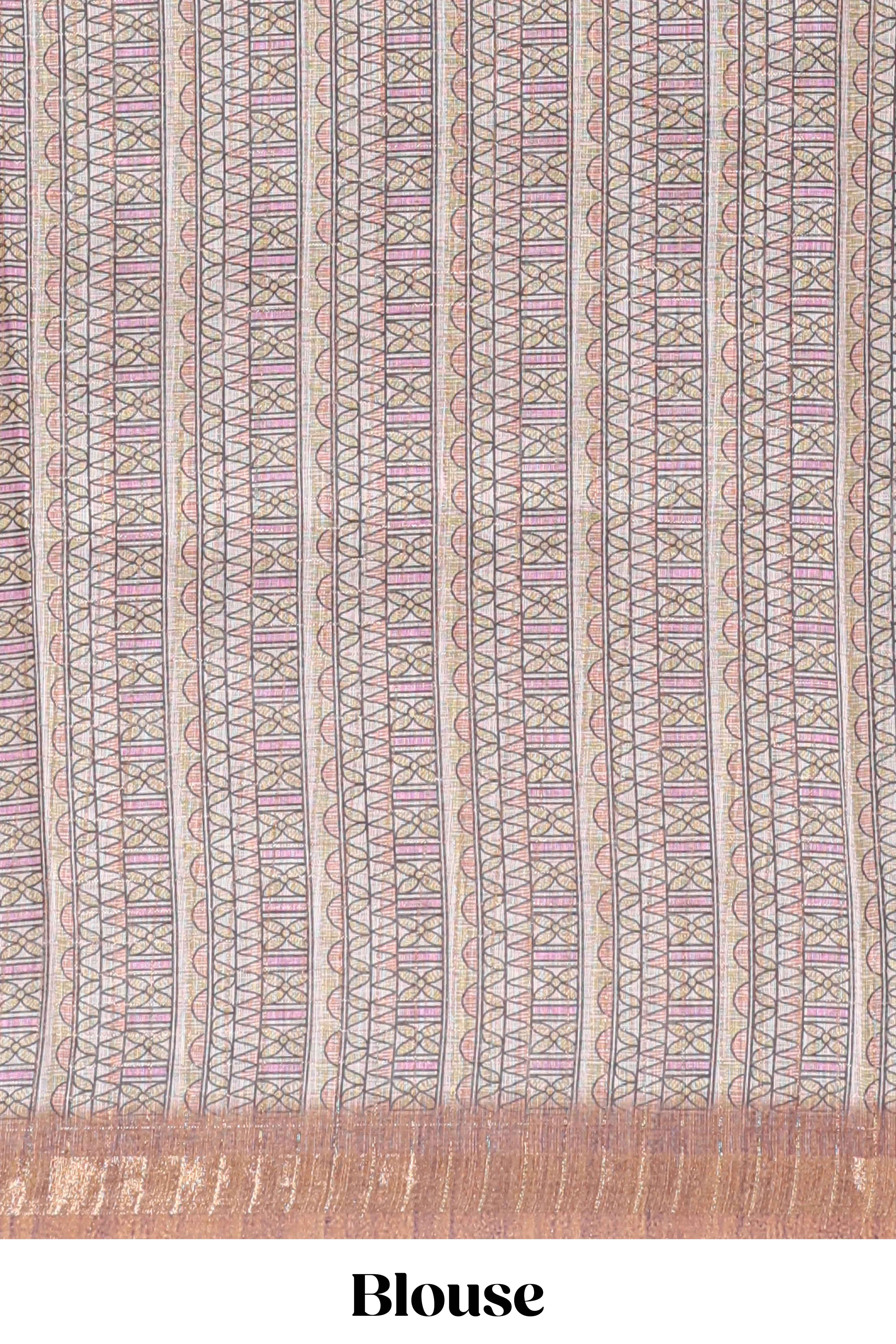 Brown checked geometric design butta linen cotton saree with self zari border and contrast blouse