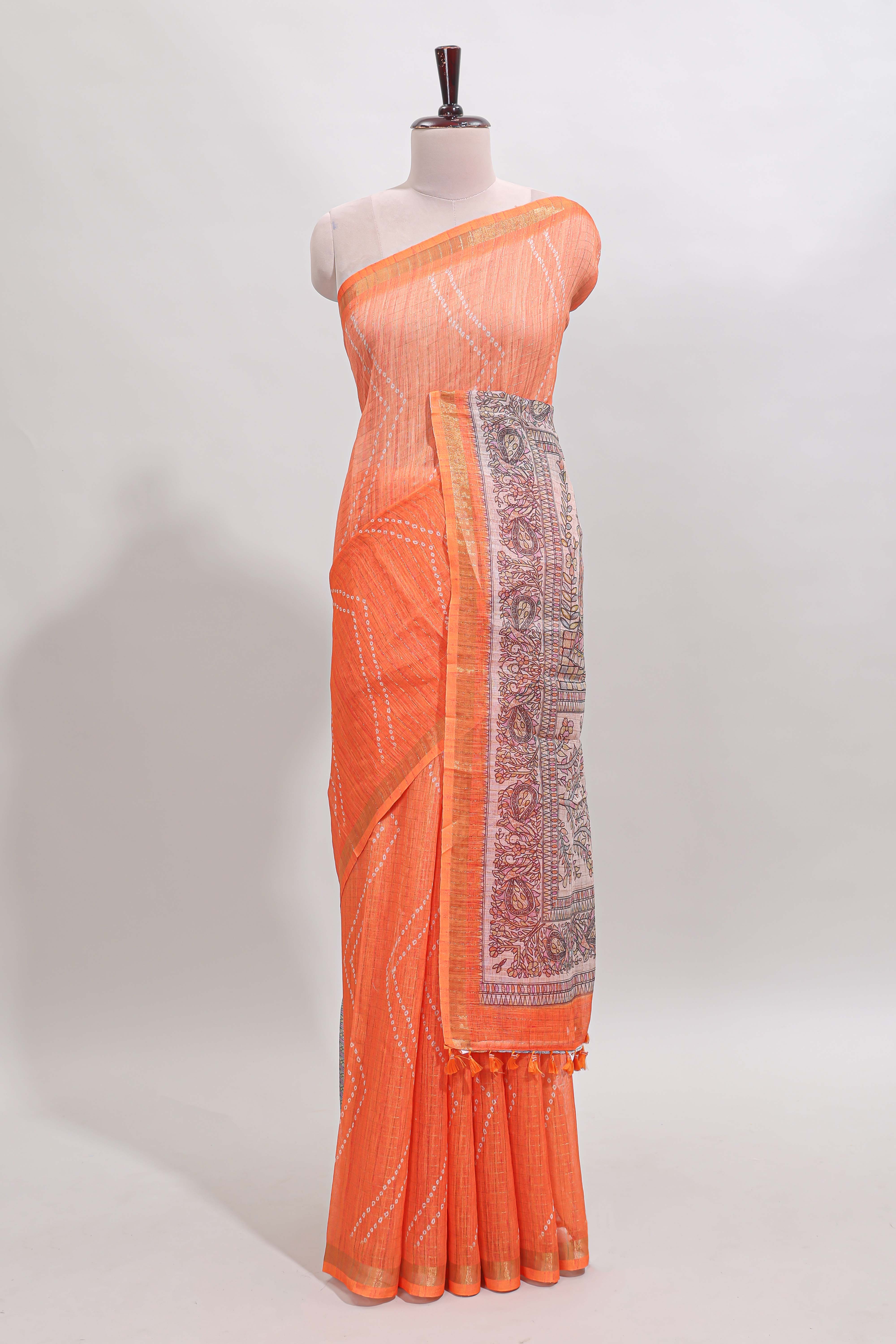 Orange checked geometric design butta linen cotton saree with self zari border and contrast blouse
