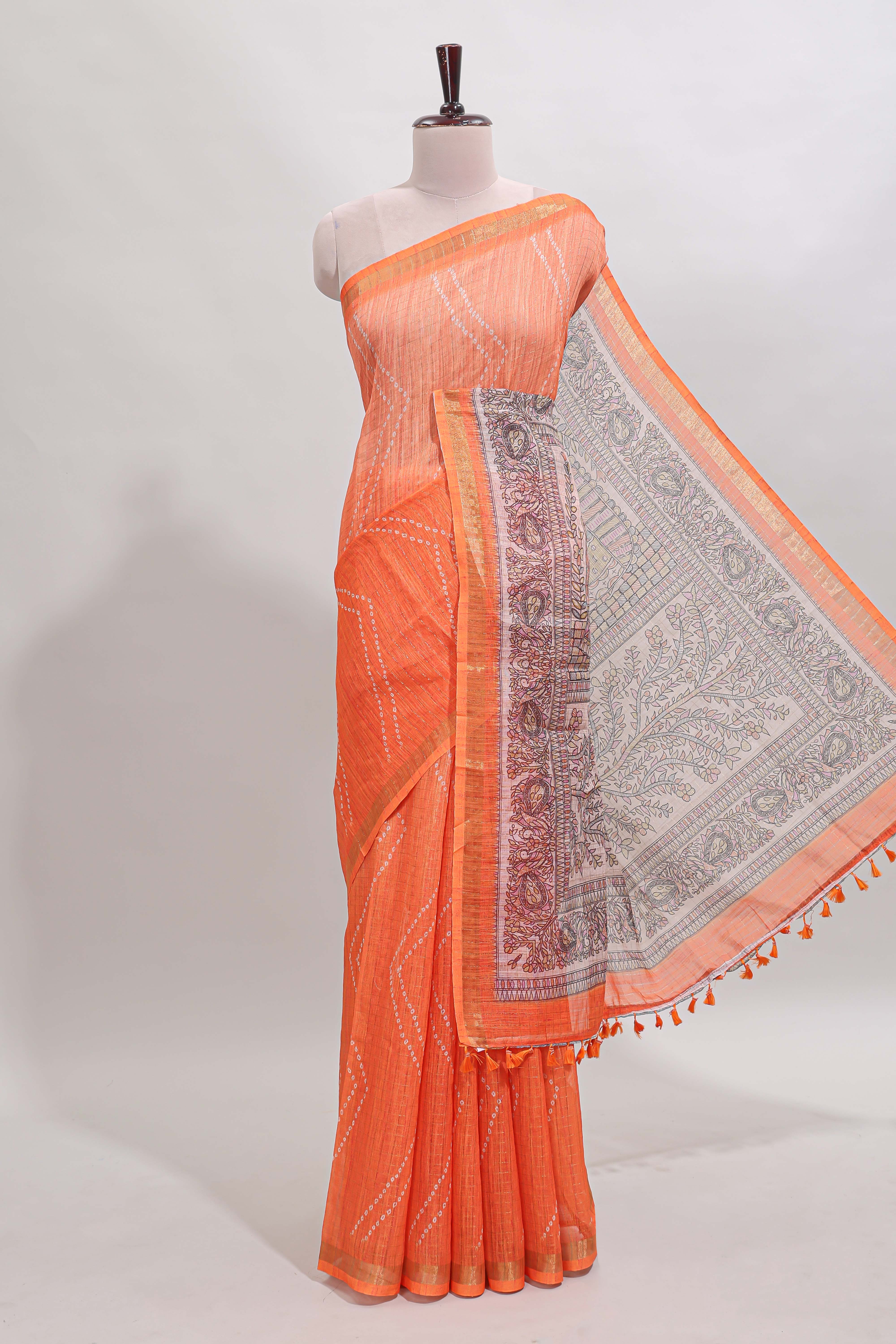 Orange checked geometric design butta linen cotton saree with self zari border and contrast blouse