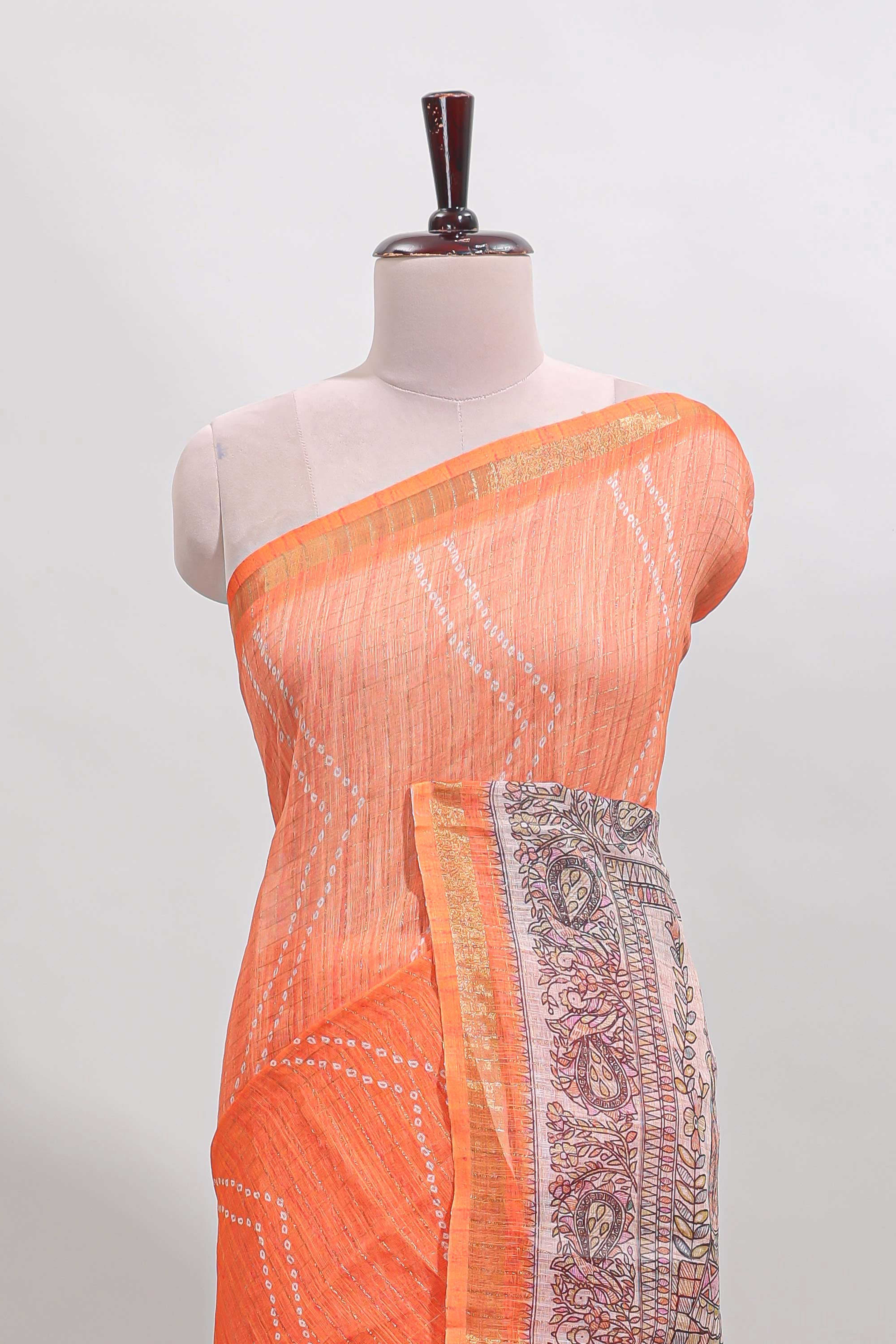 Orange checked geometric design butta linen cotton saree with self zari border and contrast blouse