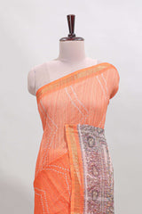 Orange checked geometric design butta linen cotton saree with self zari border and contrast blouse