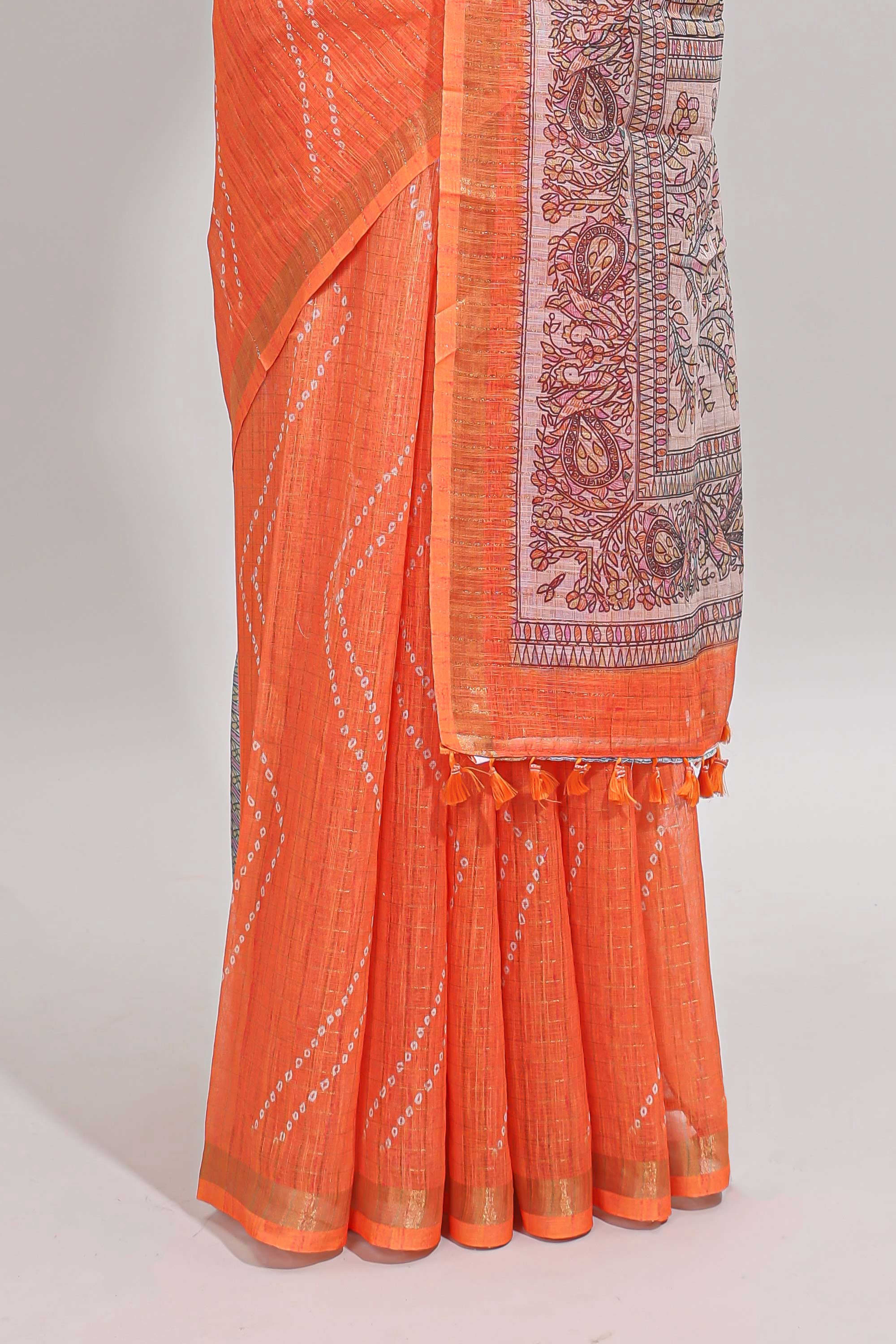 Orange checked geometric design butta linen cotton saree with self zari border and contrast blouse