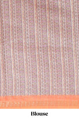 Orange checked geometric design butta linen cotton saree with self zari border and contrast blouse