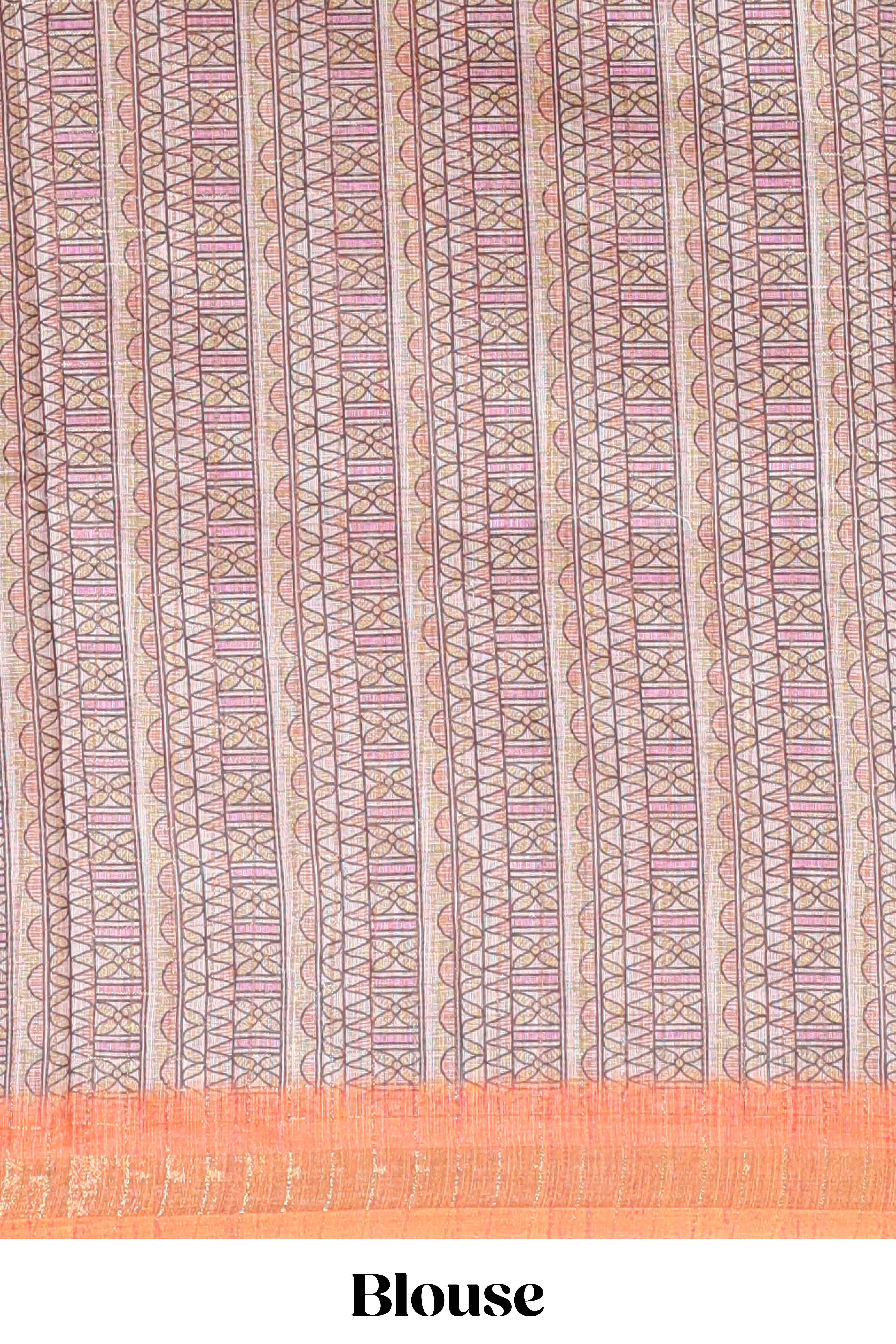Orange checked geometric design butta linen cotton saree with self zari border and contrast blouse