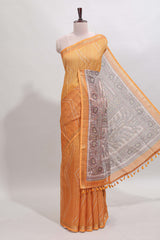 Mustard checked geometric design butta linen cotton saree with self zari border and contrast blouse