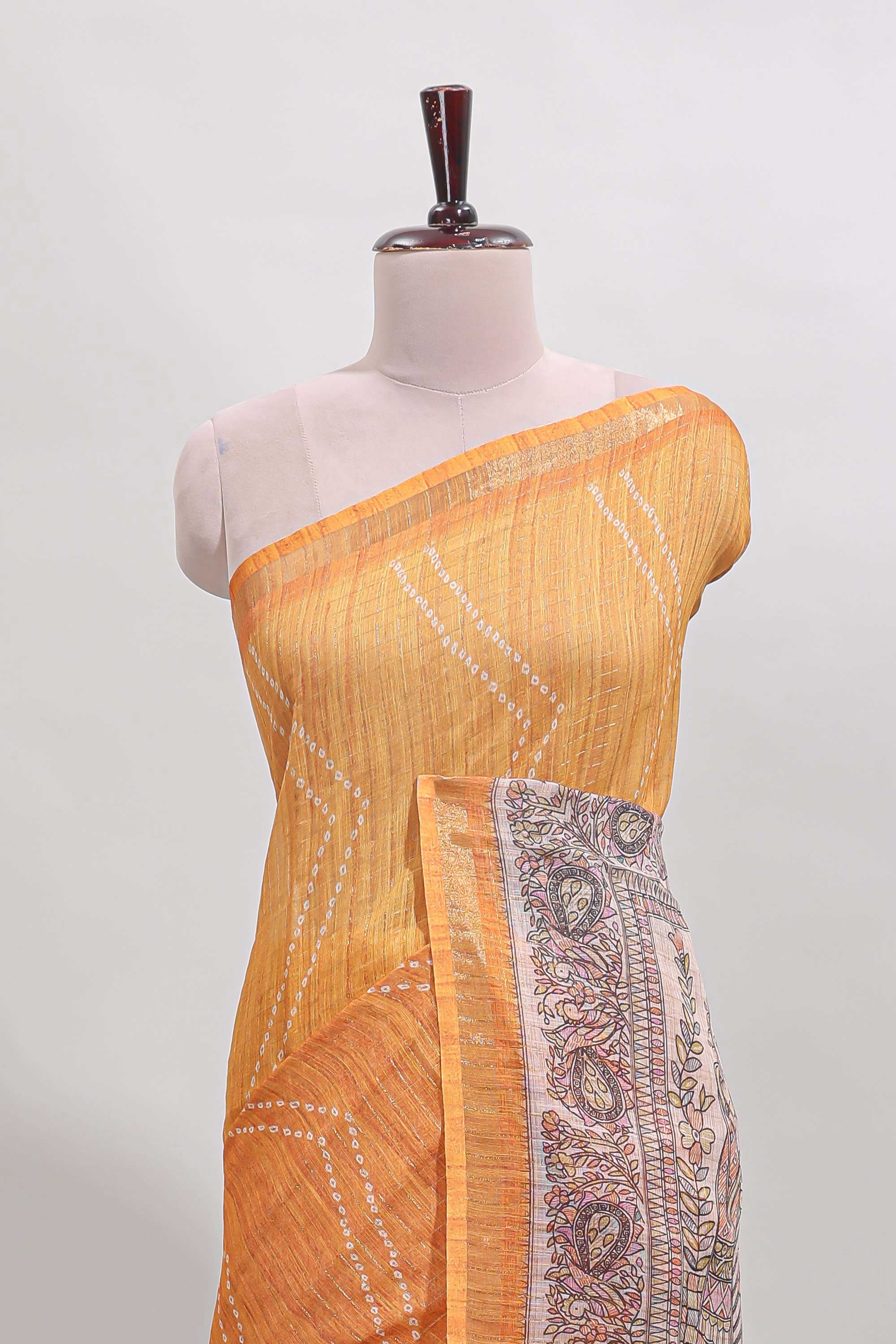 Mustard checked geometric design butta linen cotton saree with self zari border and contrast blouse