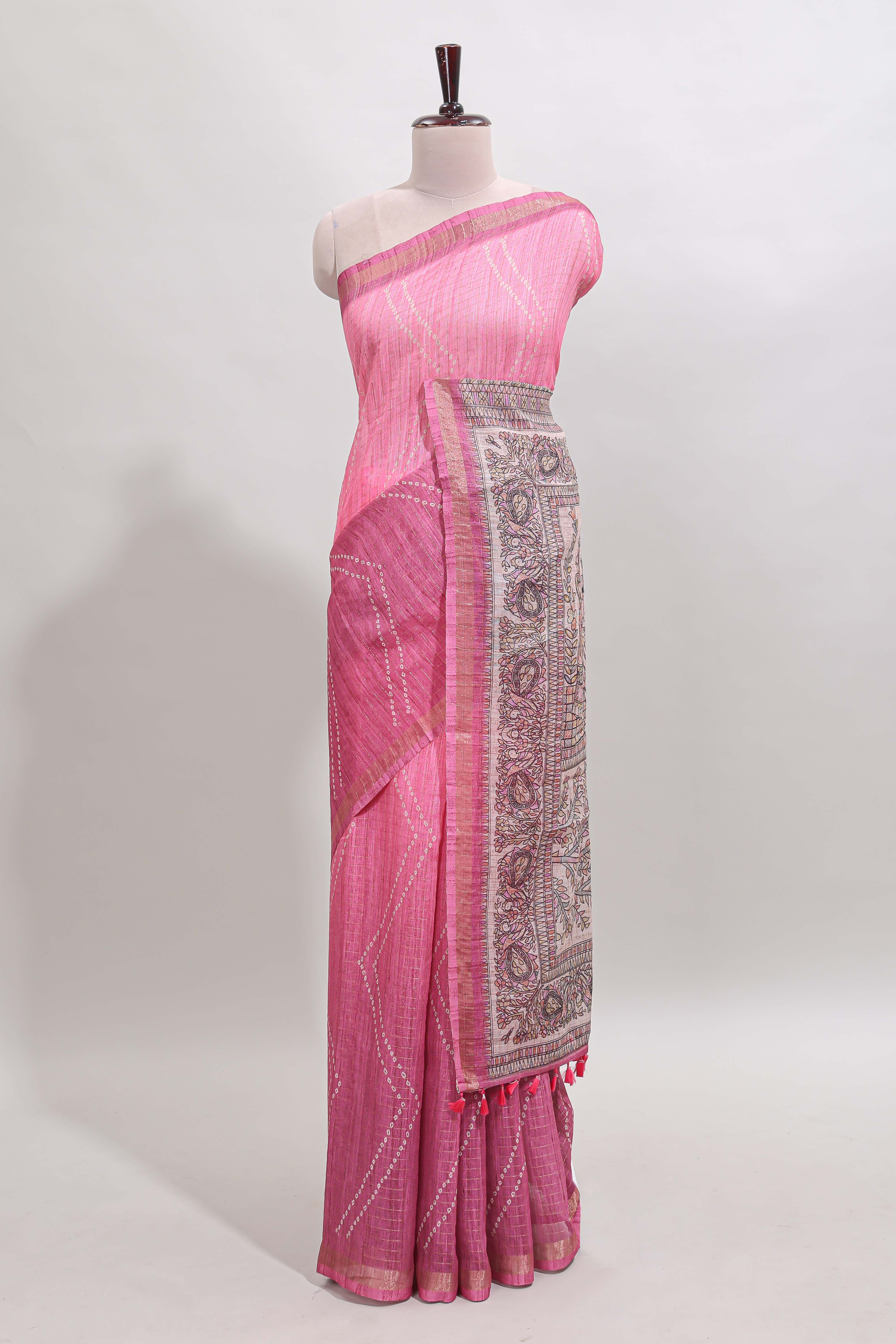 Pink checked geometric design butta linen cotton saree with self zari border and contrast blouse