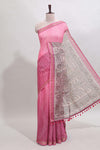 Pink checked geometric design butta linen cotton saree with self zari border and contrast blouse