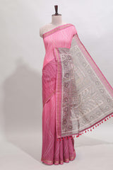 Pink checked geometric design butta linen cotton saree with self zari border and contrast blouse