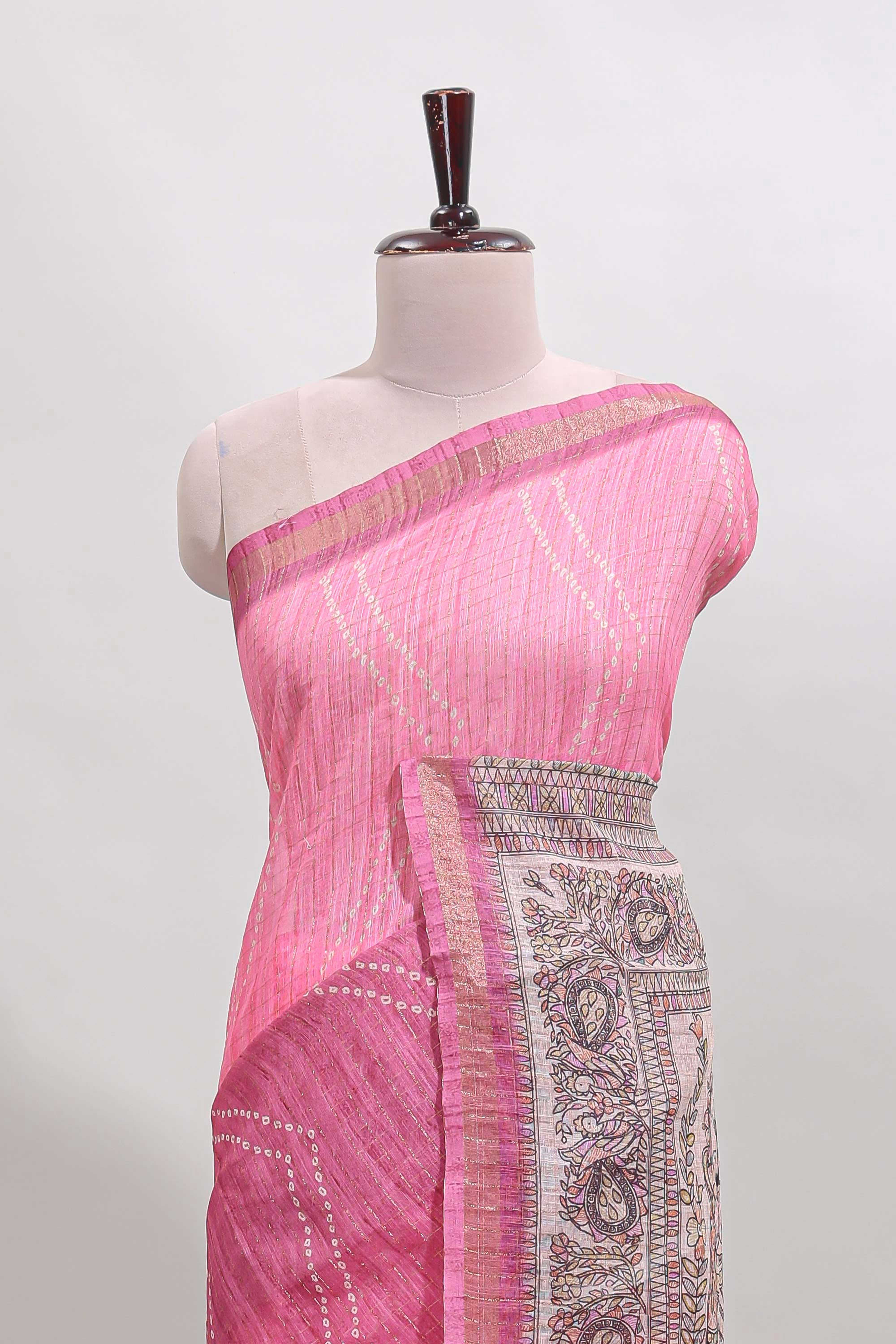 Pink checked geometric design butta linen cotton saree with self zari border and contrast blouse