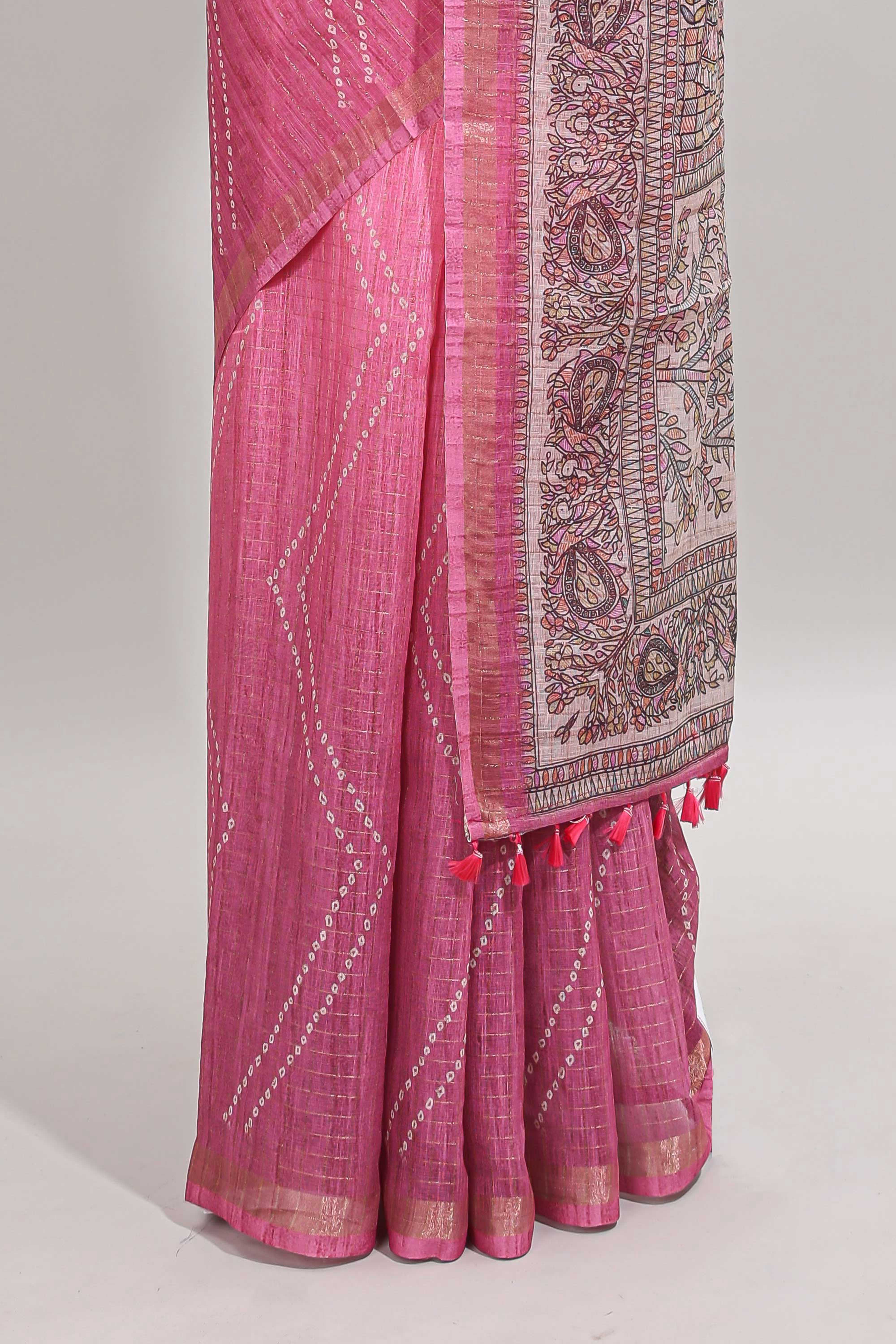 Pink checked geometric design butta linen cotton saree with self zari border and contrast blouse