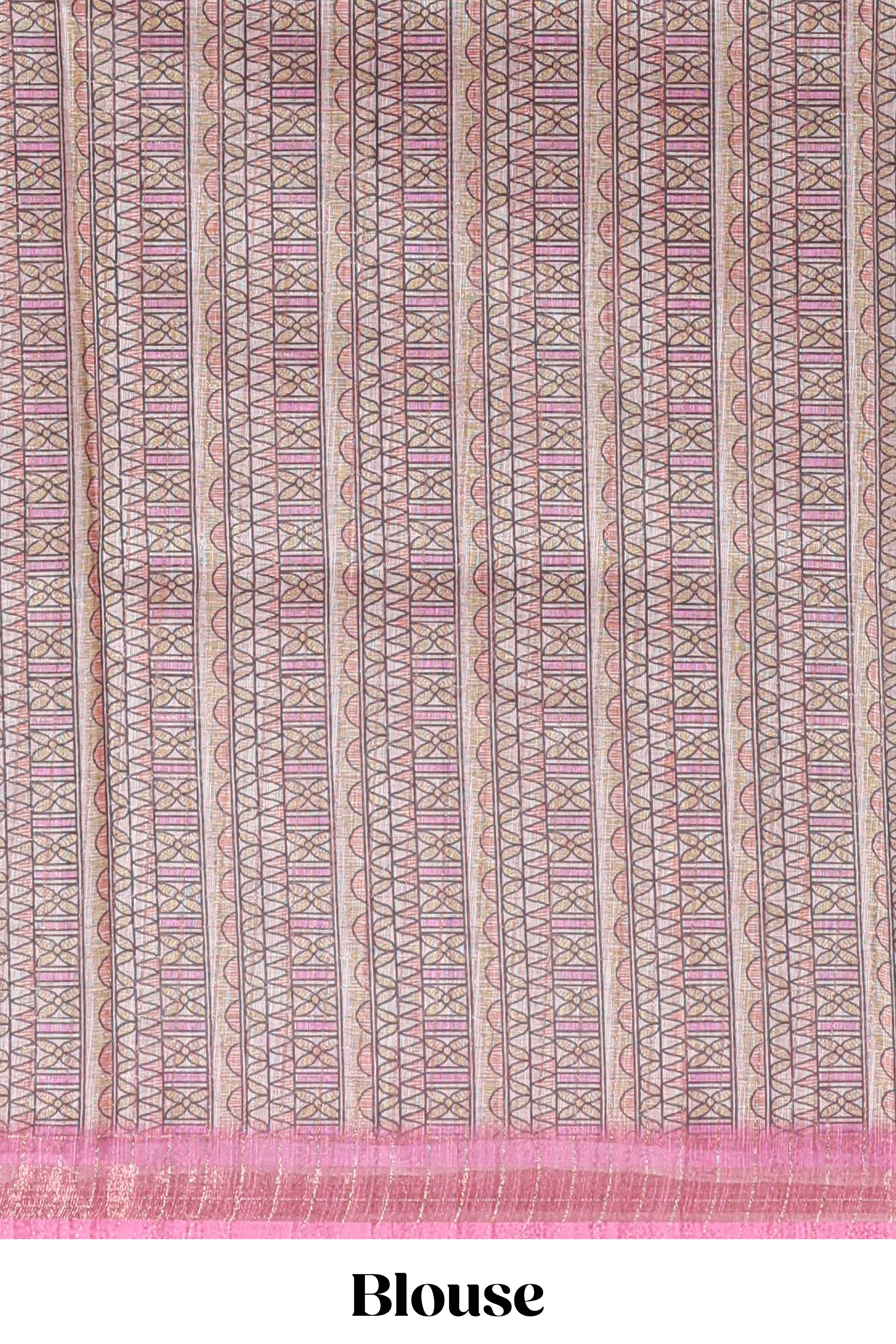 Pink checked geometric design butta linen cotton saree with self zari border and contrast blouse