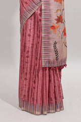 Peach striped digital print linen cotton saree with contrast border and floral design pallu