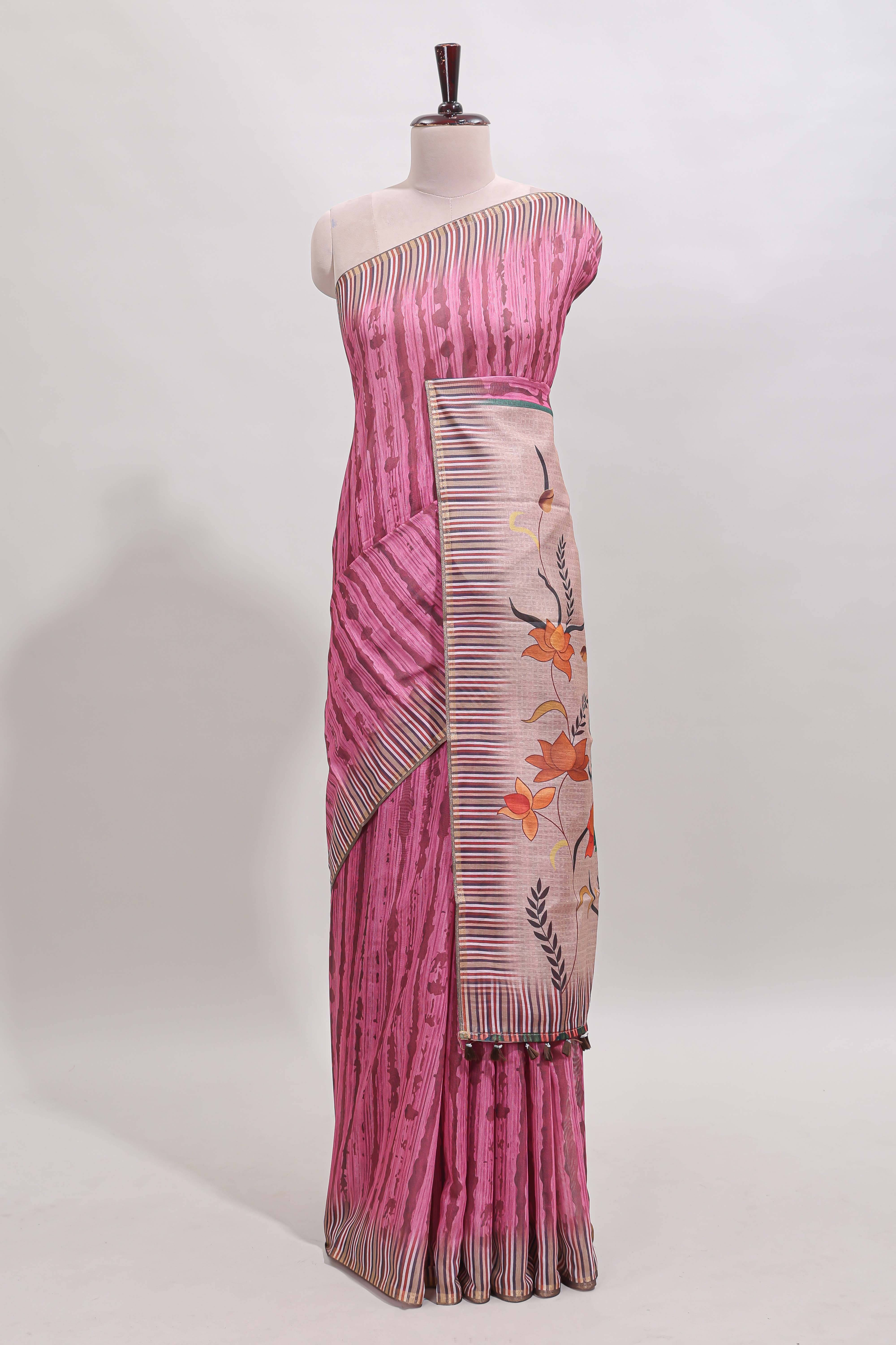 Pink striped digital print linen cotton saree with contrast border and floral design pallu