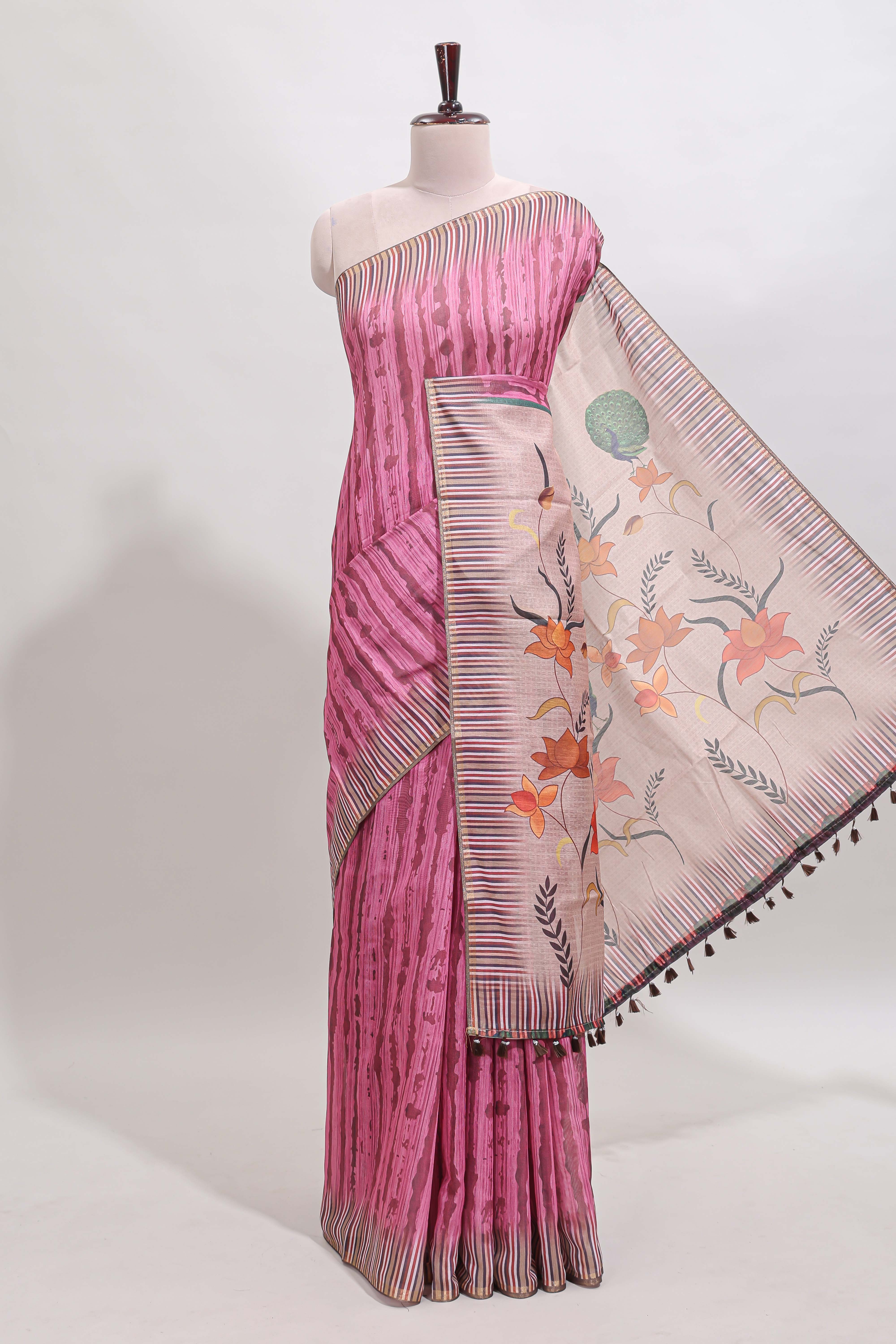 Pink striped digital print linen cotton saree with contrast border and floral design pallu