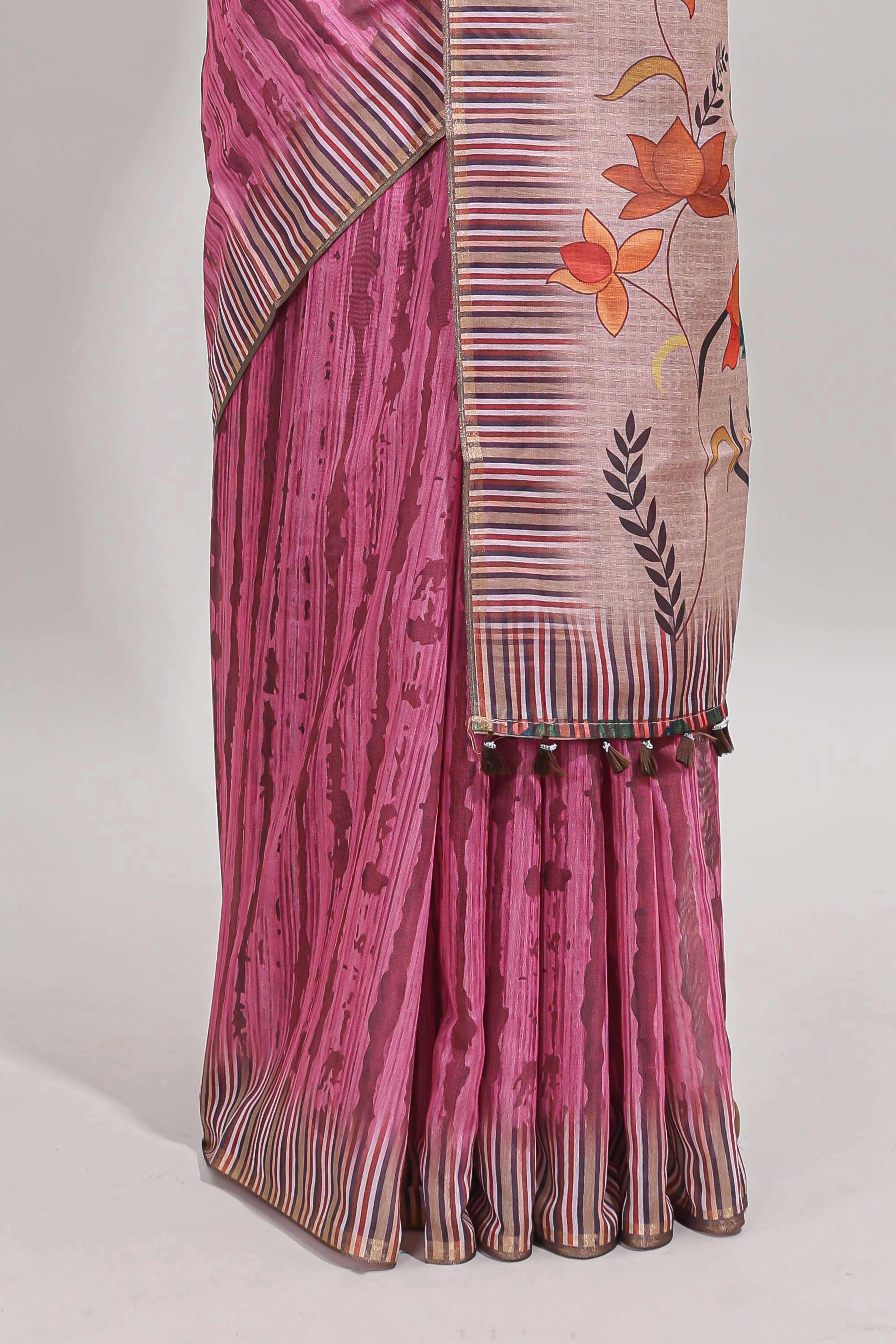 Pink striped digital print linen cotton saree with contrast border and floral design pallu