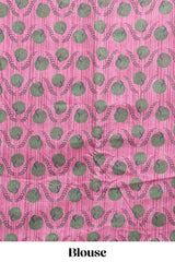 Pink striped digital print linen cotton saree with contrast border and floral design pallu